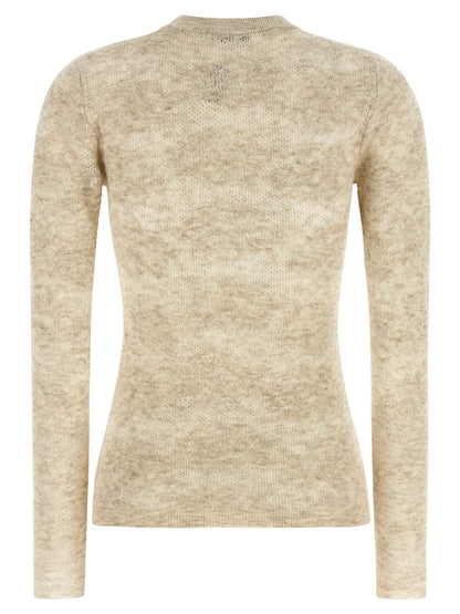 Cardigan by Brunello Cucinelli for women in silk & alpaca wool beige & floral features a dramatic silhouette, showcasing a sophisticated round neckline and dramatic detail for a timeless, premium look.