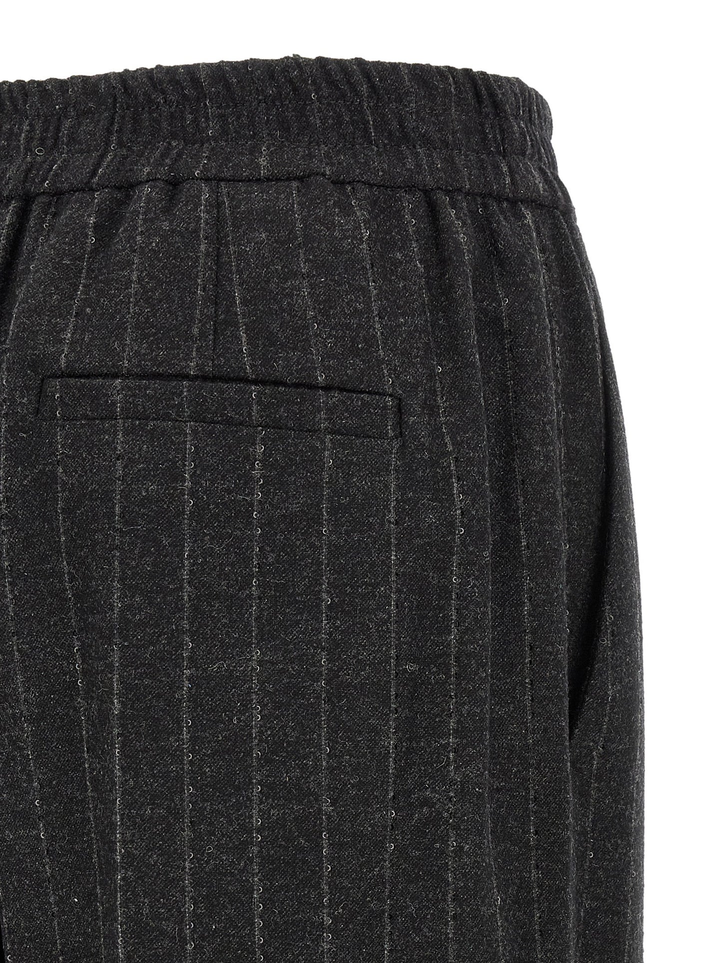 Trousers by Brunello Cucinelli for women in cashmere virgin wool & sequins dark-gray, gray, patterned & pinstripe features a artisanal silhouette, showcasing a sophisticated straight-leg, relaxed-fit & wide with a long and for a artisanal finish.