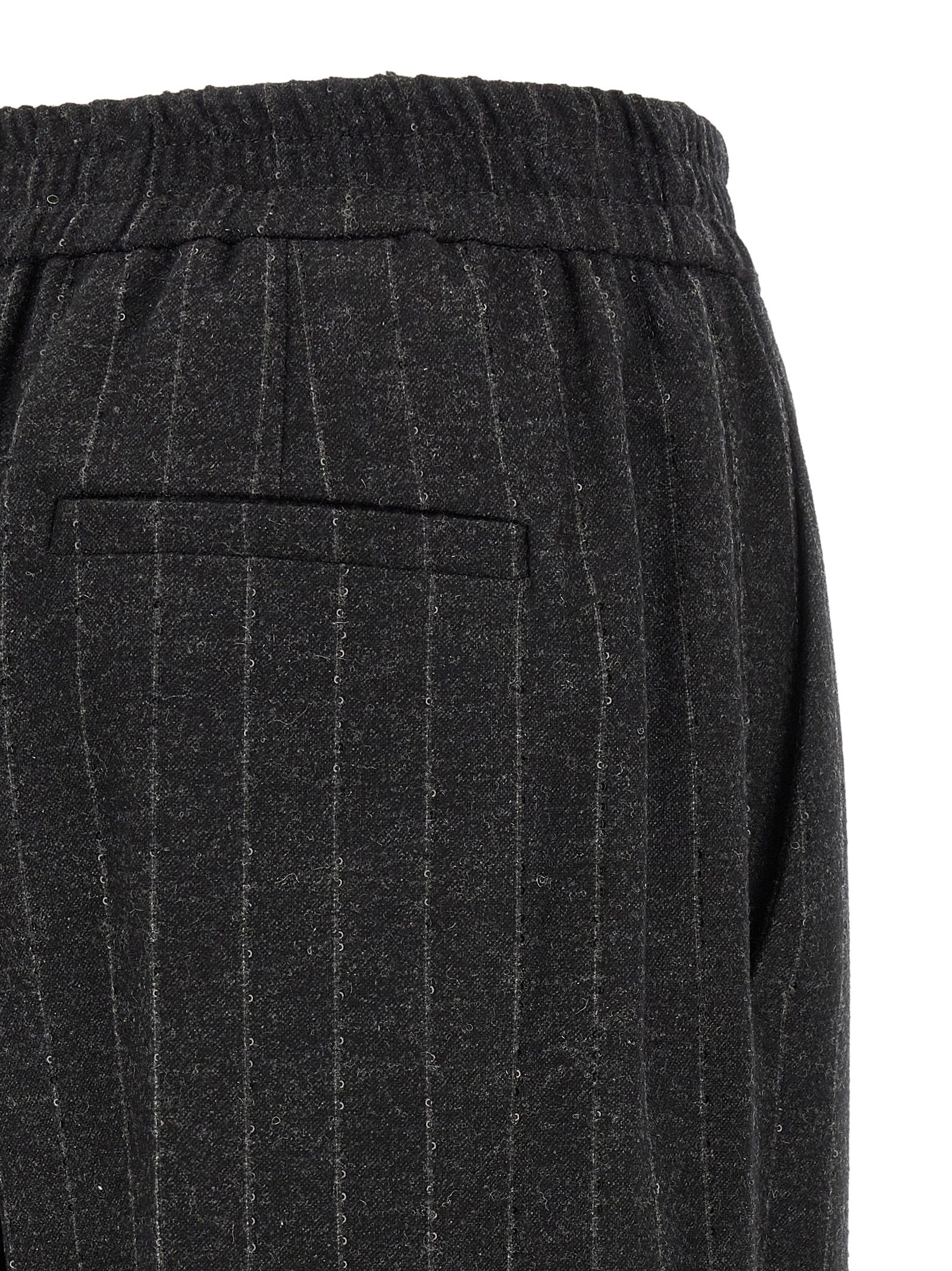 Trousers by Brunello Cucinelli for women in cashmere virgin wool & sequins dark-gray, gray, patterned & pinstripe features a artisanal silhouette, showcasing a sophisticated straight-leg, relaxed-fit & wide with a long and for a artisanal finish.
