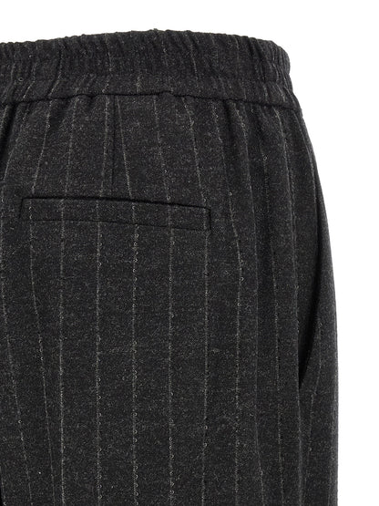 Trousers by Brunello Cucinelli for women in cashmere virgin wool & sequins dark-gray, gray, patterned & pinstripe features a artisanal silhouette, showcasing a sophisticated straight-leg, relaxed-fit & wide with a long and for a artisanal finish.