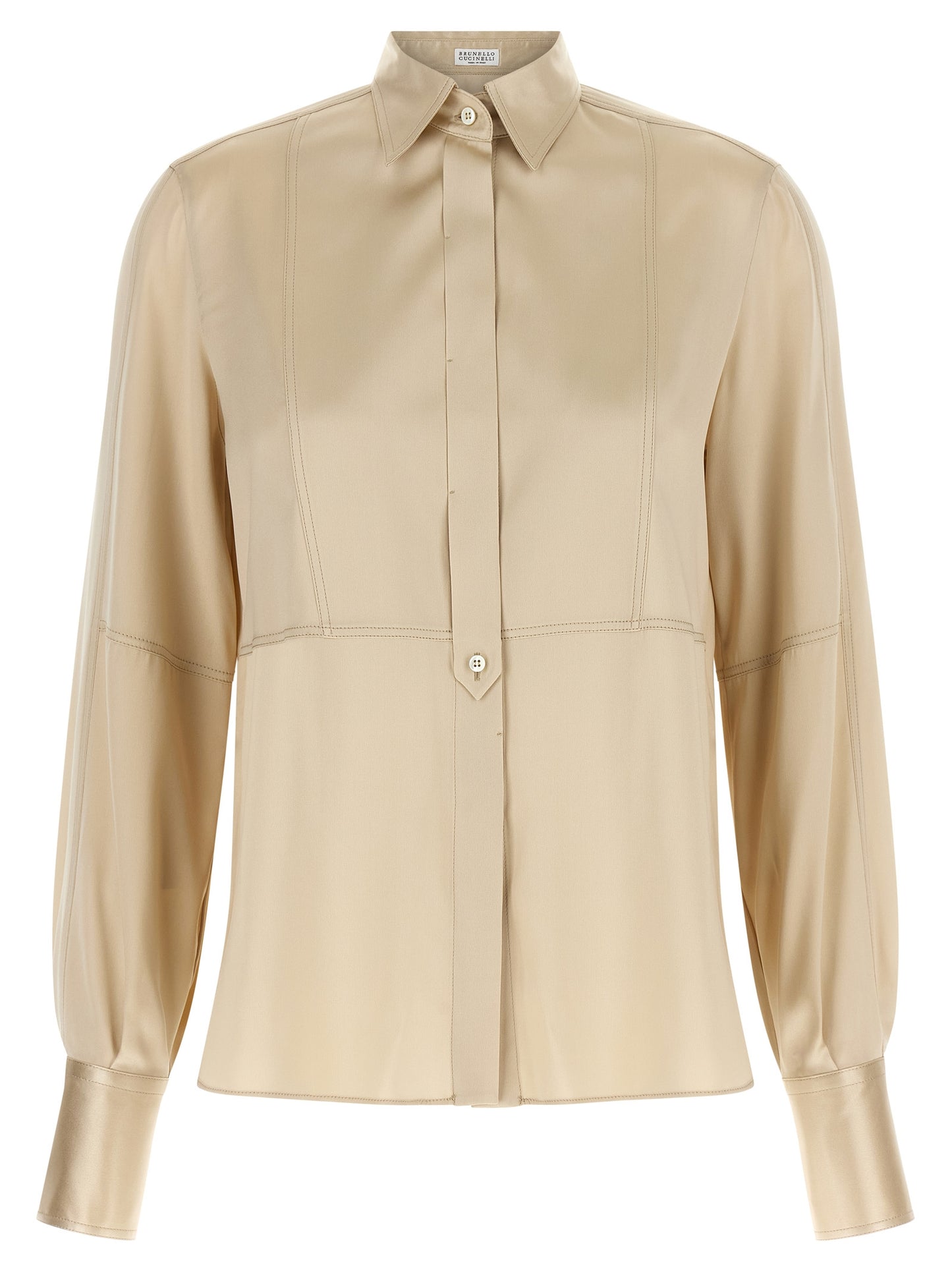 Blouse by Brunello Cucinelli for women in silk satin beige & sand, featuring a nuanced long-sleeve and nuanced for a sophisticated finish.
