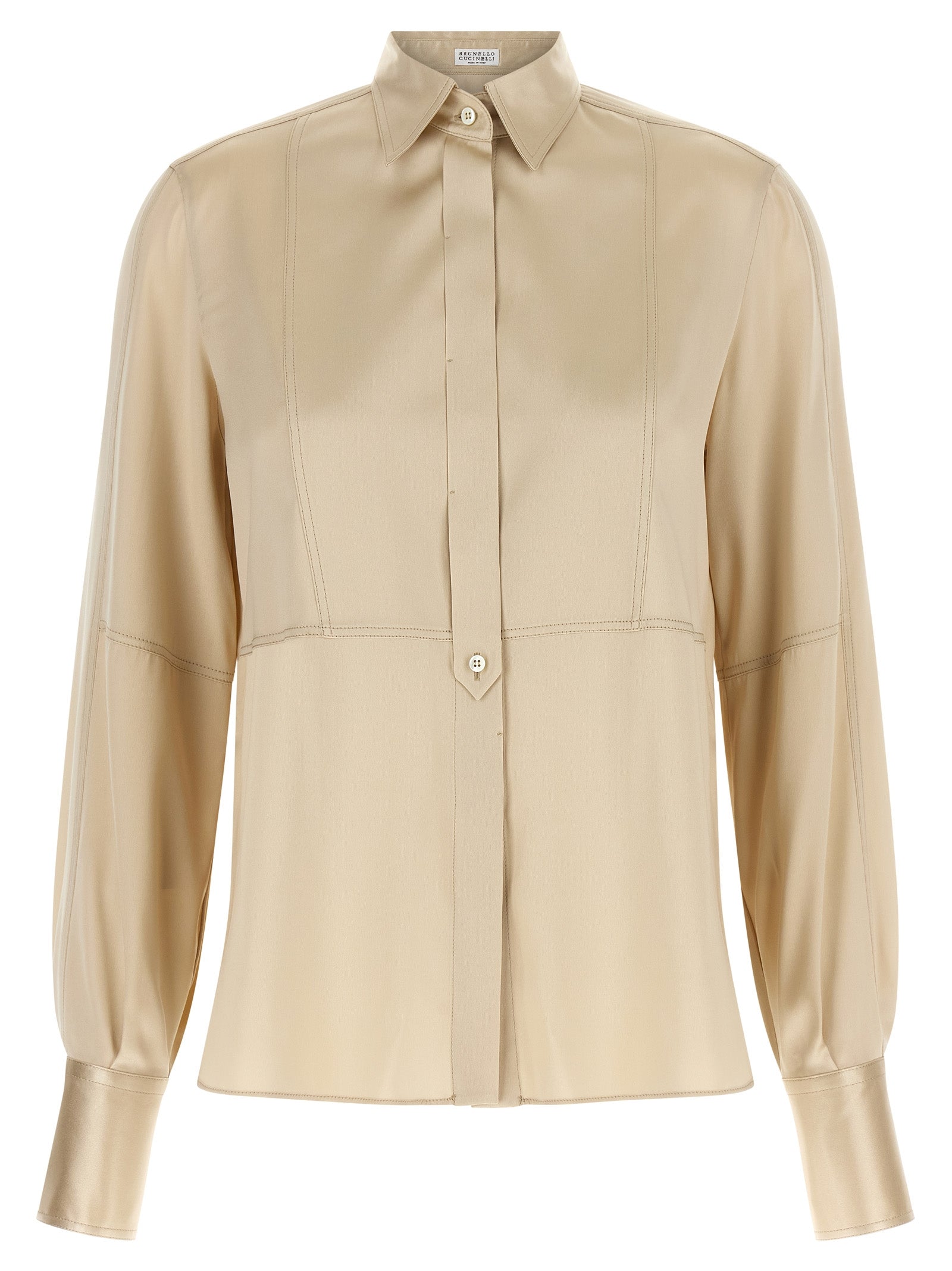 Blouse by Brunello Cucinelli for women in silk satin beige & sand, featuring a nuanced long-sleeve and nuanced for a sophisticated finish.