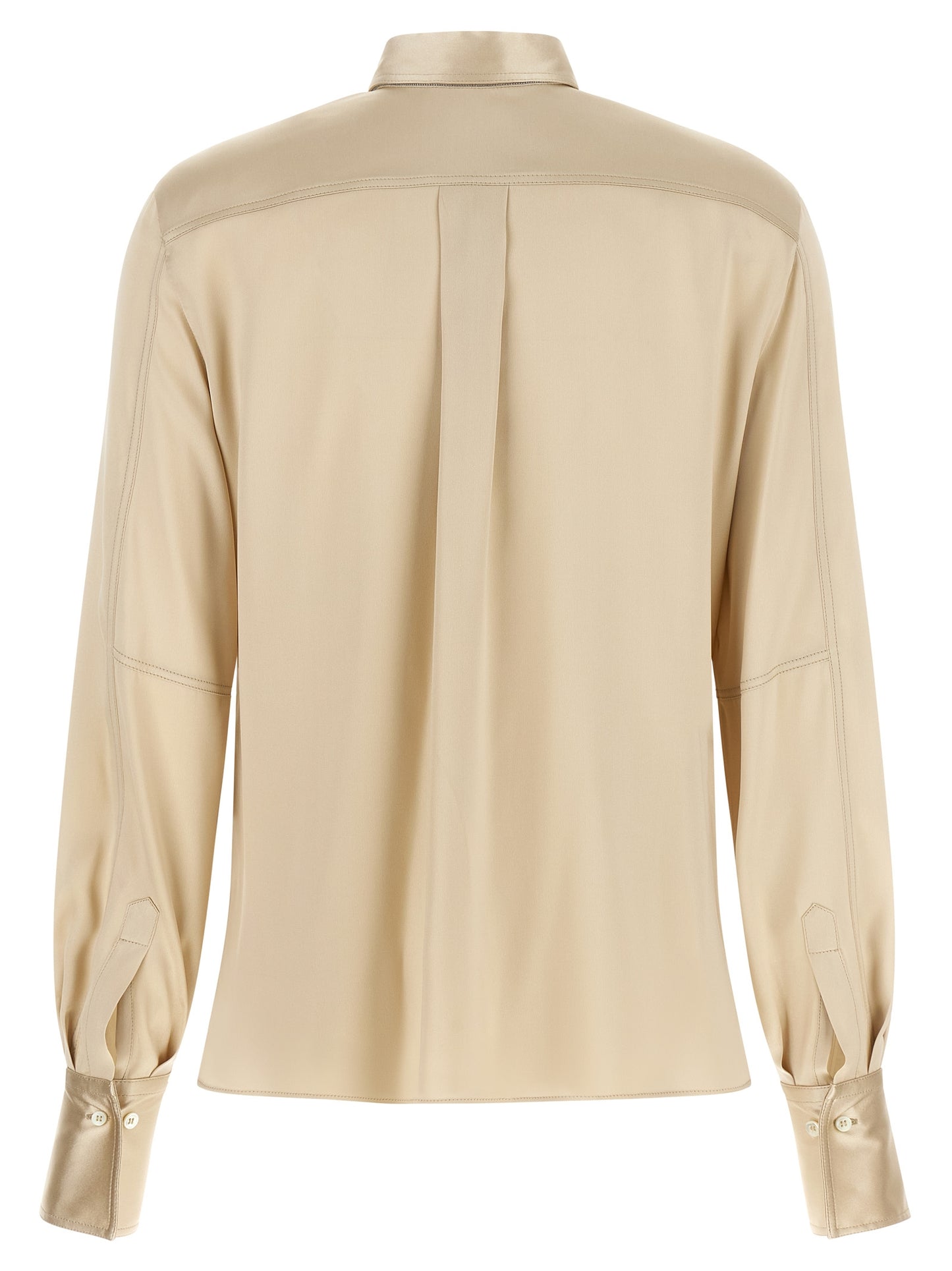 Blouse by Brunello Cucinelli for women in silk satin beige & sand showcases a sleek silhouette, elegantly detailed with a sleek and for a sleek finish.