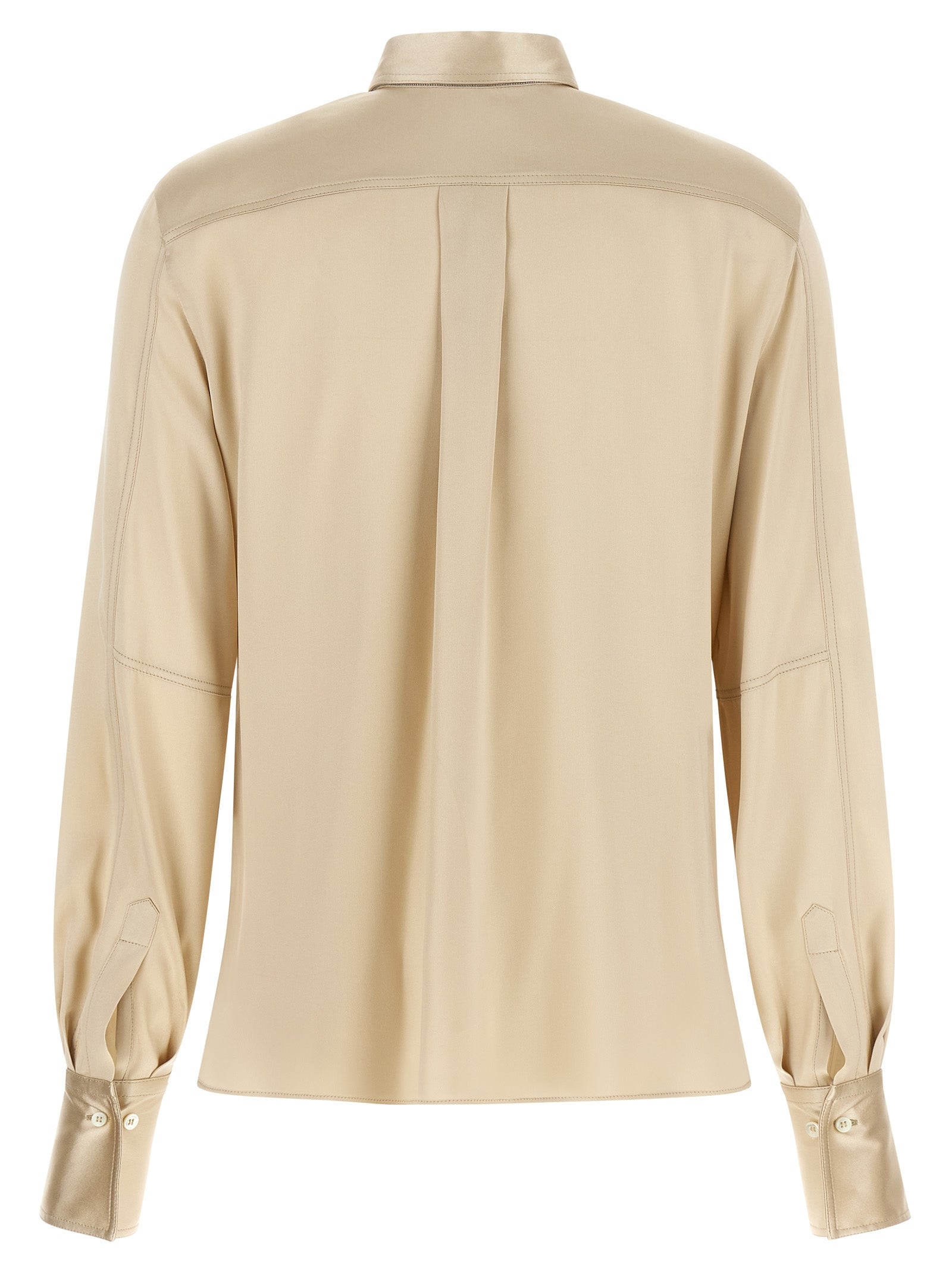 Blouse by Brunello Cucinelli for women in silk satin beige & sand showcases a sleek silhouette, elegantly detailed with a sleek and for a sleek finish.