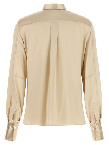 Blouse by Brunello Cucinelli for women in silk satin beige & sand showcases a sleek silhouette, elegantly detailed with a sleek and for a sleek finish.