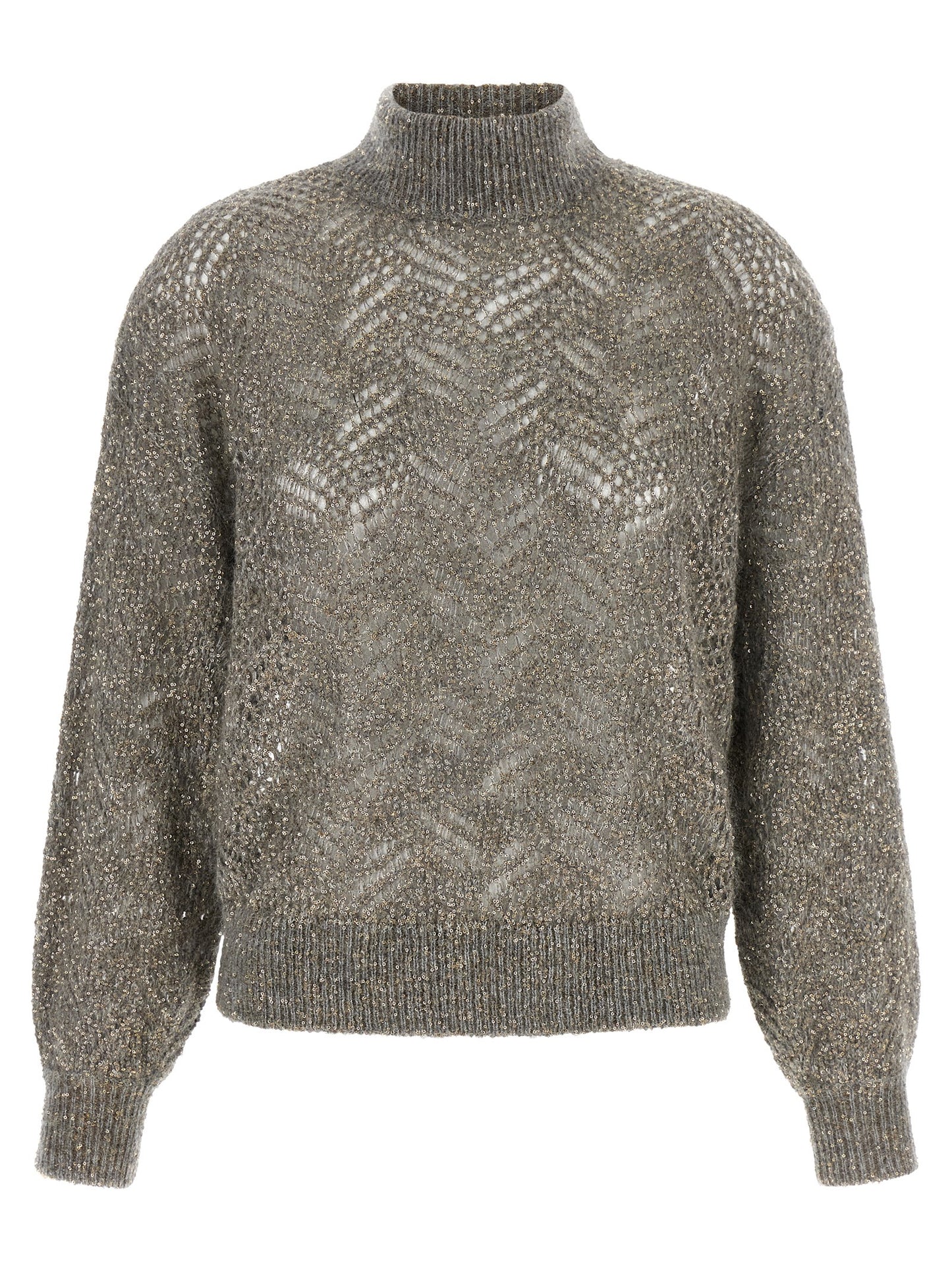Cardigan by Brunello Cucinelli for women in polyamide mohair & sequins gray features a dramatic silhouette, showcasing a sophisticated turtle high-neck neckline and dramatic detail for a timeless, premium look.