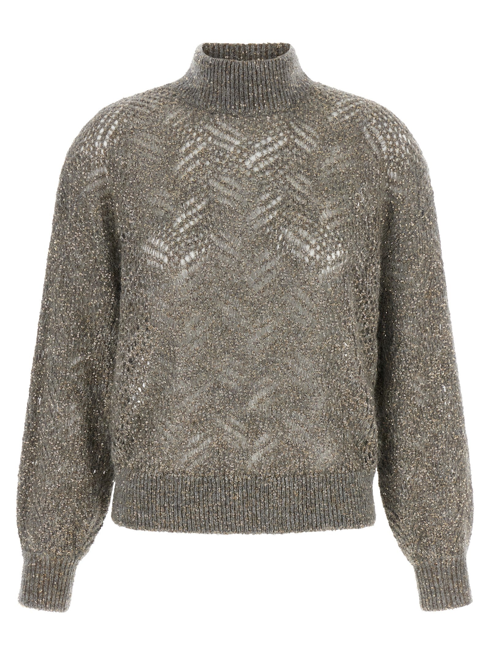 Cardigan by Brunello Cucinelli for women in polyamide mohair & sequins gray features a dramatic silhouette, showcasing a sophisticated turtle high-neck neckline and dramatic detail for a timeless, premium look.