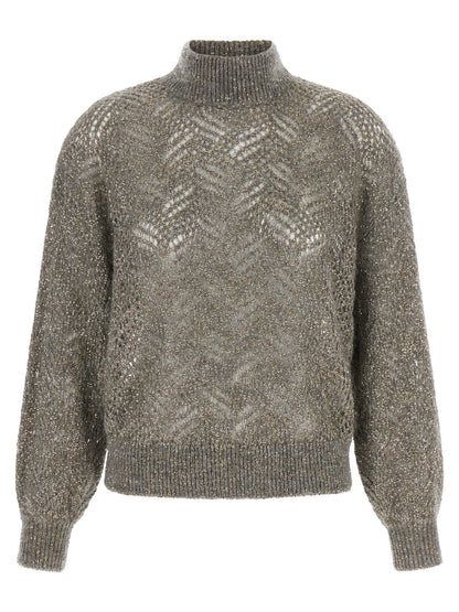 Cardigan by Brunello Cucinelli for women in polyamide mohair & sequins gray features a dramatic silhouette, showcasing a sophisticated turtle high-neck neckline and dramatic detail for a timeless, premium look.