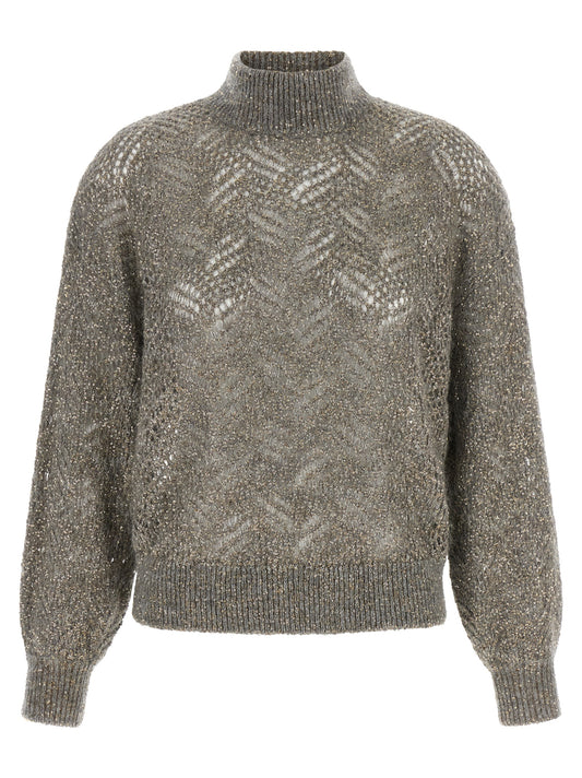 Cardigan by Brunello Cucinelli for women in polyamide mohair & sequins gray features a dramatic silhouette, showcasing a sophisticated turtle high-neck neckline and dramatic detail for a timeless, premium look.