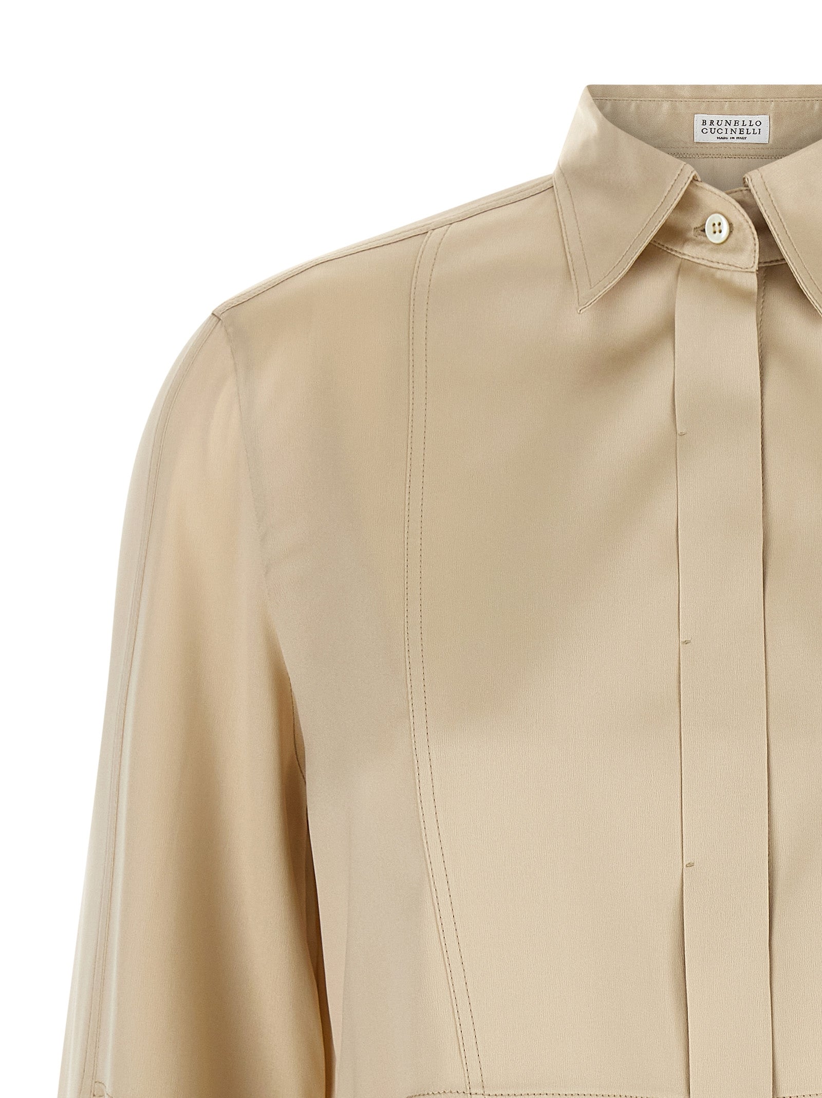 Blouse by Brunello Cucinelli for women in silk satin beige & sand presents a discerning silhouette, showcasing a sophisticated and for a truly discerning finish.