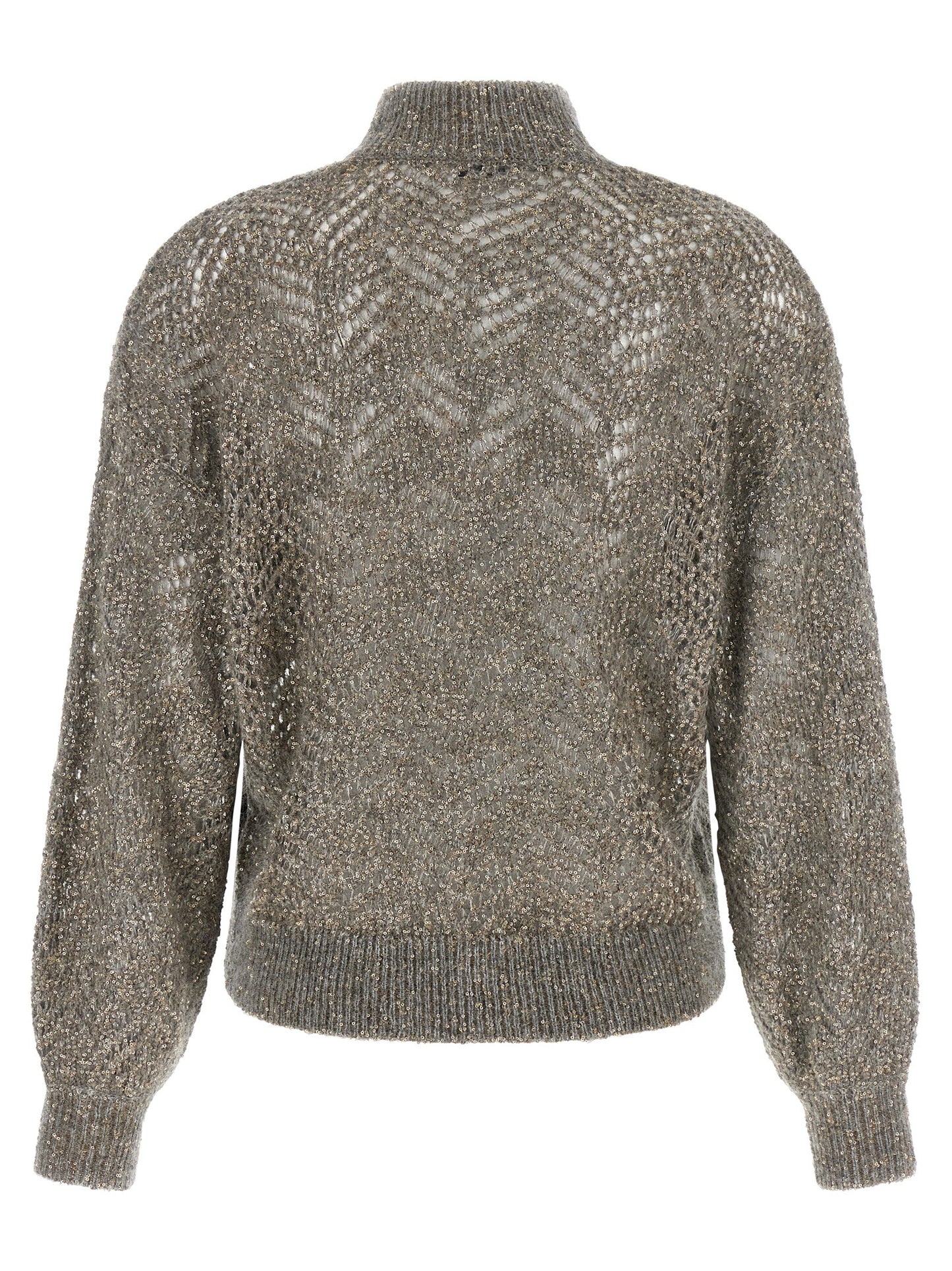 Cardigan by Brunello Cucinelli for women in polyamide mohair & sequins gray presents a textural silhouette, artfully finished with a textural turtle high-neck neckline and for a sophisticated, textural look.