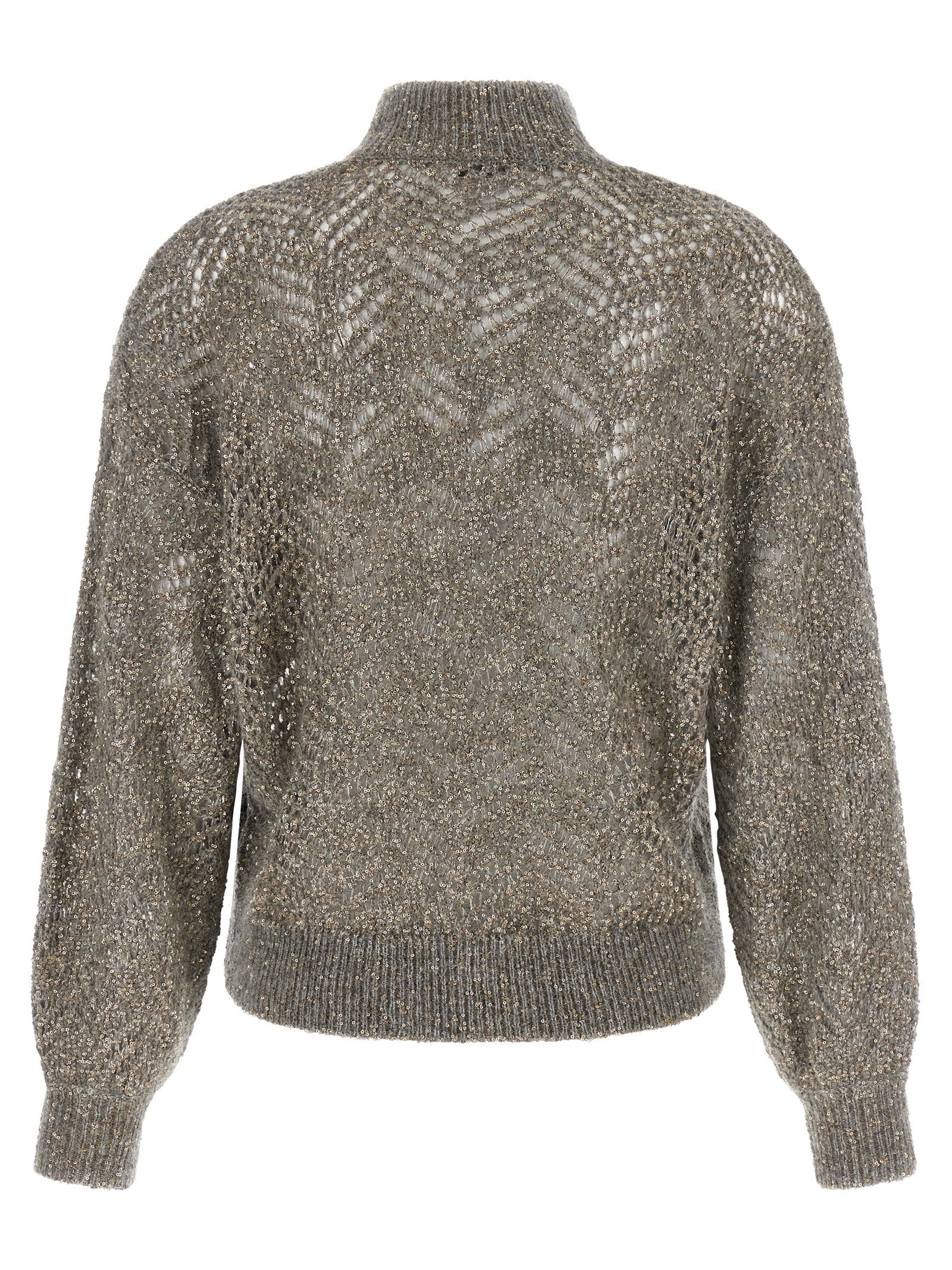 Cardigan by Brunello Cucinelli for women in polyamide mohair & sequins gray presents a textural silhouette, artfully finished with a textural turtle high-neck neckline and for a sophisticated, textural look.