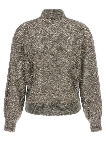 Cardigan by Brunello Cucinelli for women in polyamide mohair & sequins gray presents a textural silhouette, artfully finished with a textural turtle high-neck neckline and for a sophisticated, textural look.