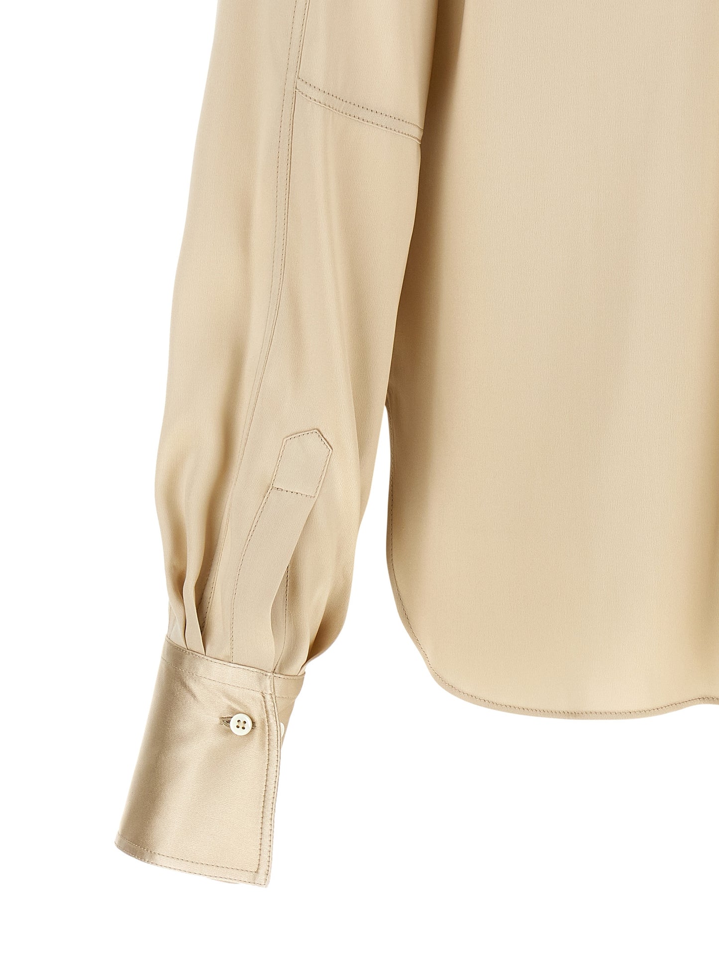Blouse by Brunello Cucinelli for women in silk satin beige & sand showcases a sublime silhouette, artfully detailed with a sublime and for a sophisticated, sublime finish.