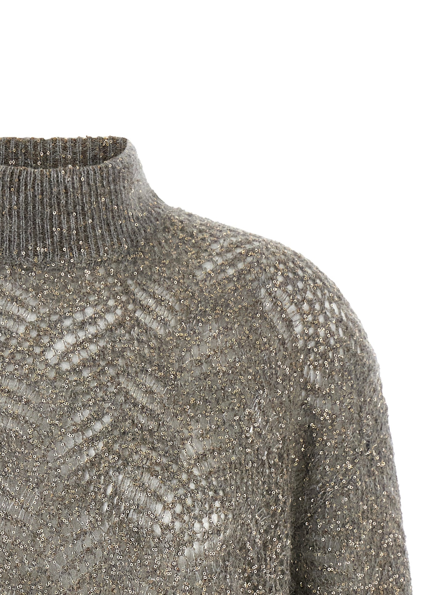 Cardigan by Brunello Cucinelli for women in polyamide mohair & sequins gray showcases a luxurious silhouette, meticulously detailed with a sophisticated turtle high-neck neckline and for a refined finish.