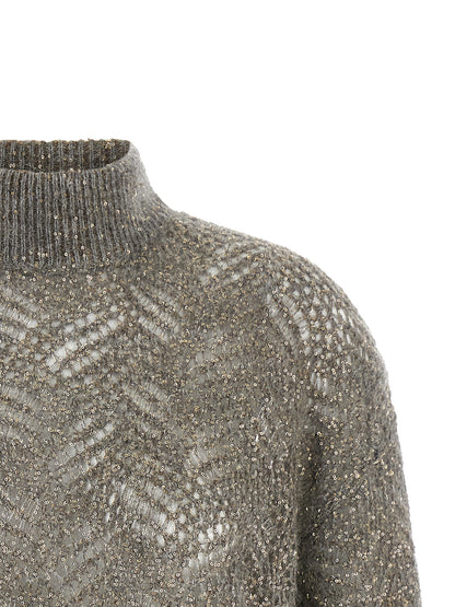 Cardigan by Brunello Cucinelli for women in polyamide mohair & sequins gray showcases a luxurious silhouette, meticulously detailed with a sophisticated turtle high-neck neckline and for a refined finish.