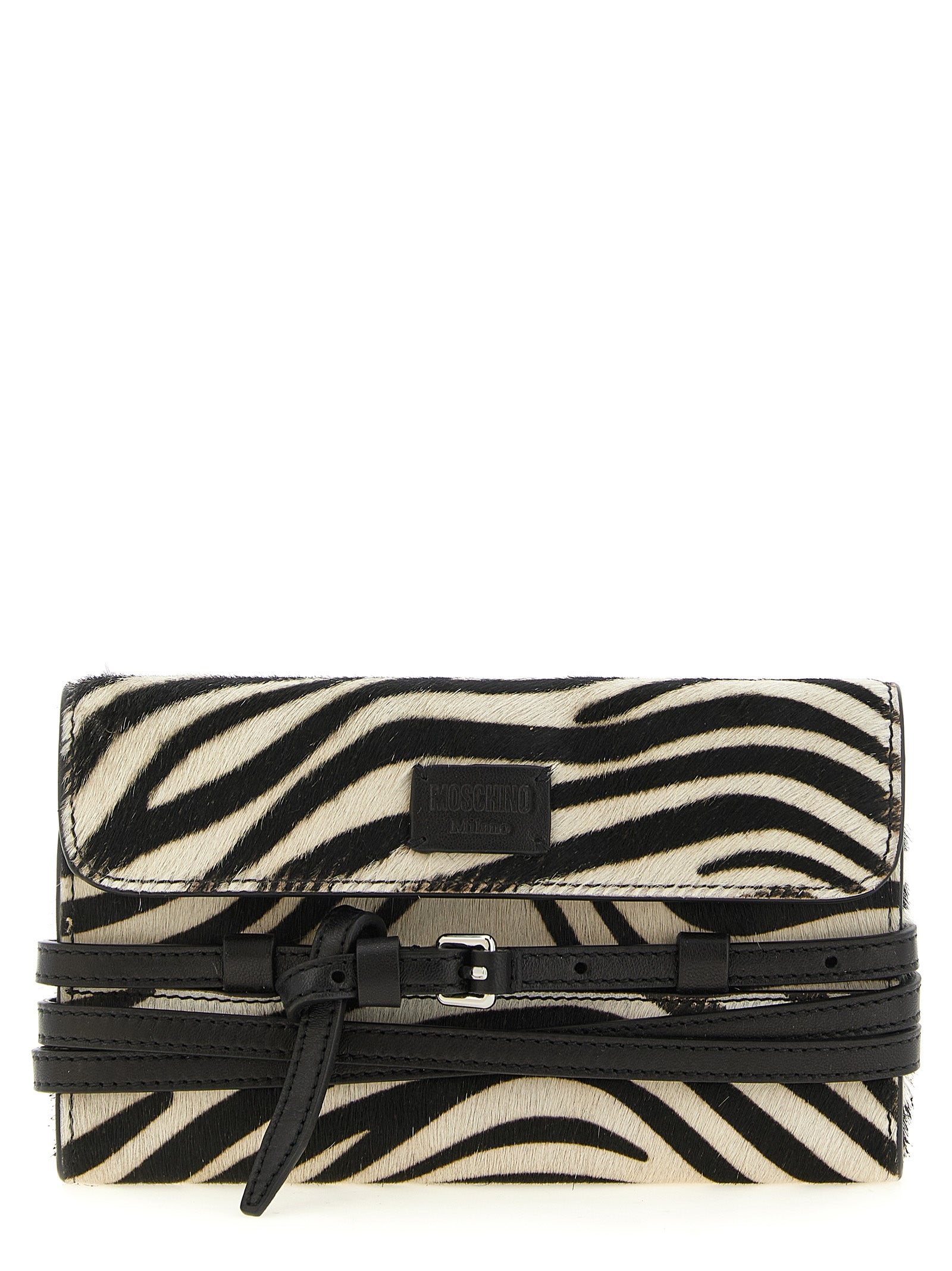 Cardholder Card Case by Moschino for women in leather bicolour, black, silver, zebra & print features a polished Pony Tie Me Leather Cardholder Card Case design with polished card-organization.
