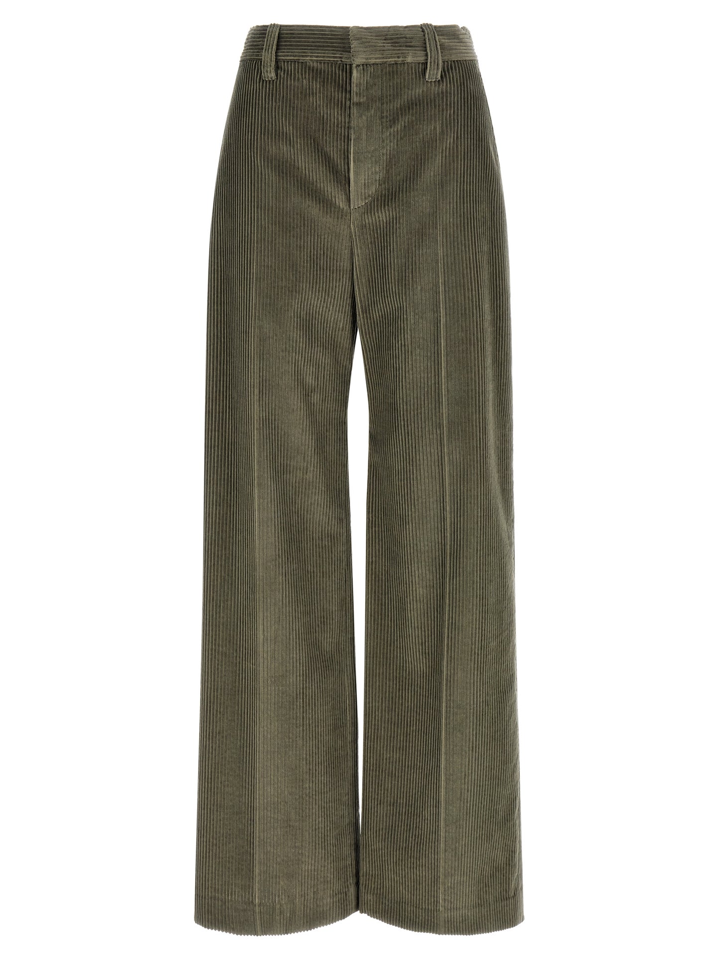 Trousers by Brunello Cucinelli for women in cotton corduroy bicolour, green & olive features a sculptural silhouette, showcasing a sculptural flared, relaxed-fit & wide and long with a sophisticated for a sculptural finish.