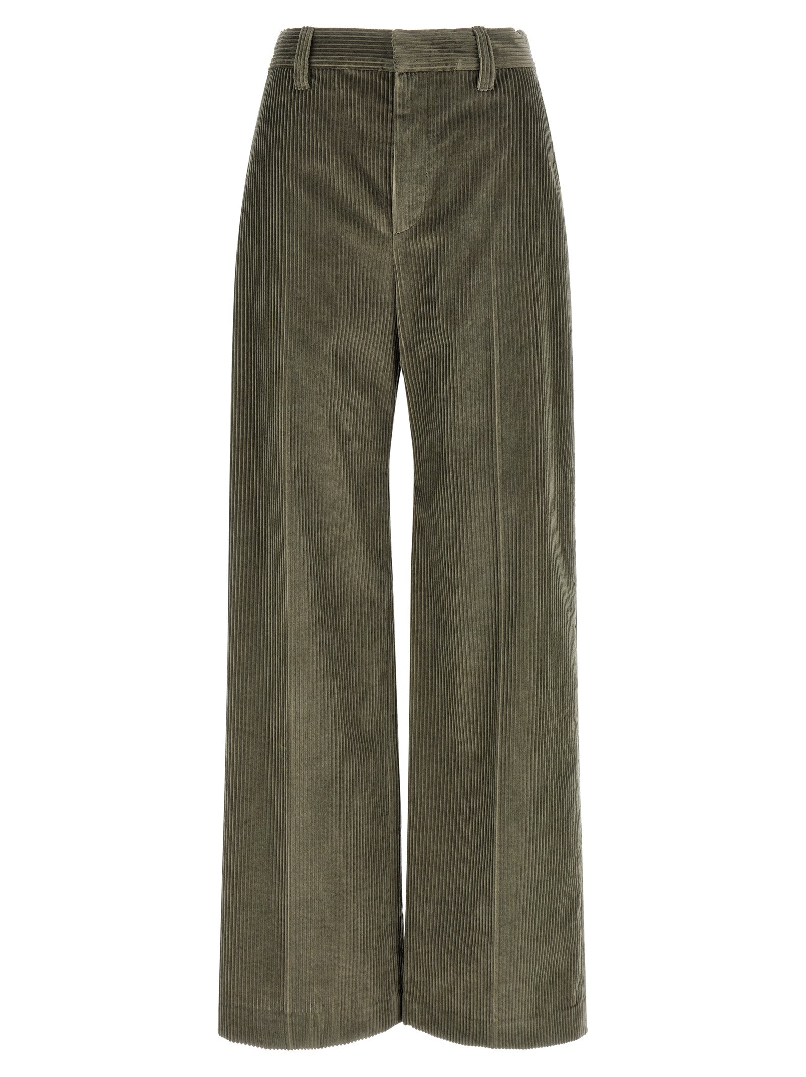 Trousers by Brunello Cucinelli for women in cotton corduroy bicolour, green & olive features a sculptural silhouette, showcasing a sculptural flared, relaxed-fit & wide and long with a sophisticated for a sculptural finish.