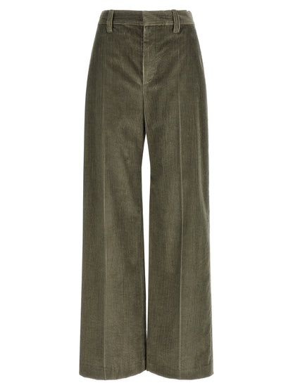 Trousers by Brunello Cucinelli for women in cotton corduroy bicolour, green & olive features a sculptural silhouette, showcasing a sculptural flared, relaxed-fit & wide and long with a sophisticated for a sculptural finish.