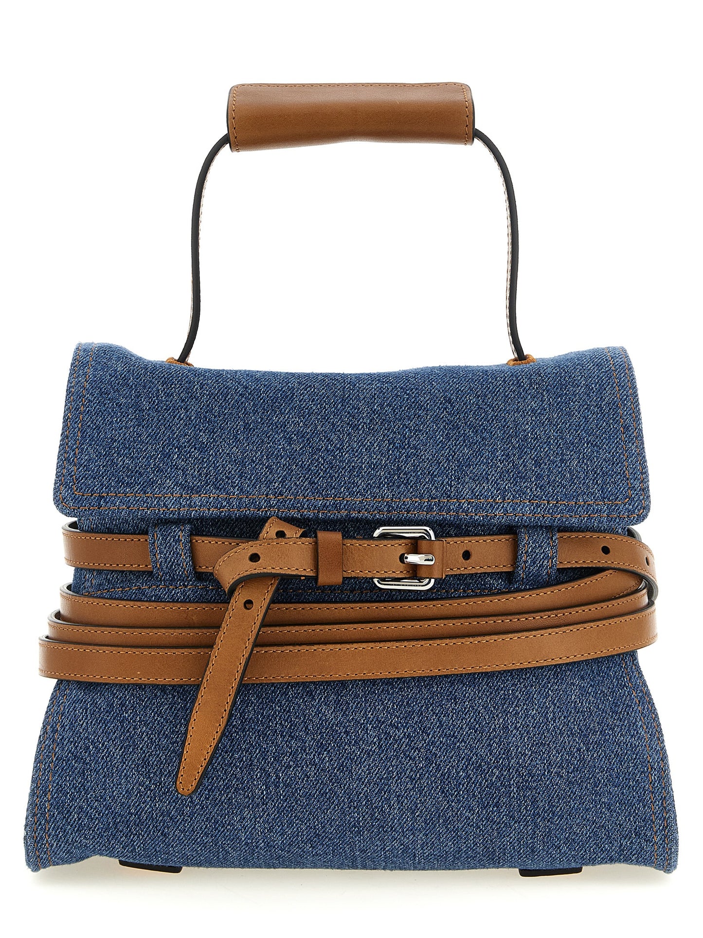 Flap Handbag by Moschino for women in calf leather & cotton blue & silver features a refined silhouette, showcasing a secure flap, zipper & buckle, organized , and versatile shoulder-strap, handle, adjustable-strap, detachable-strap & belt-strap for a refined finish.