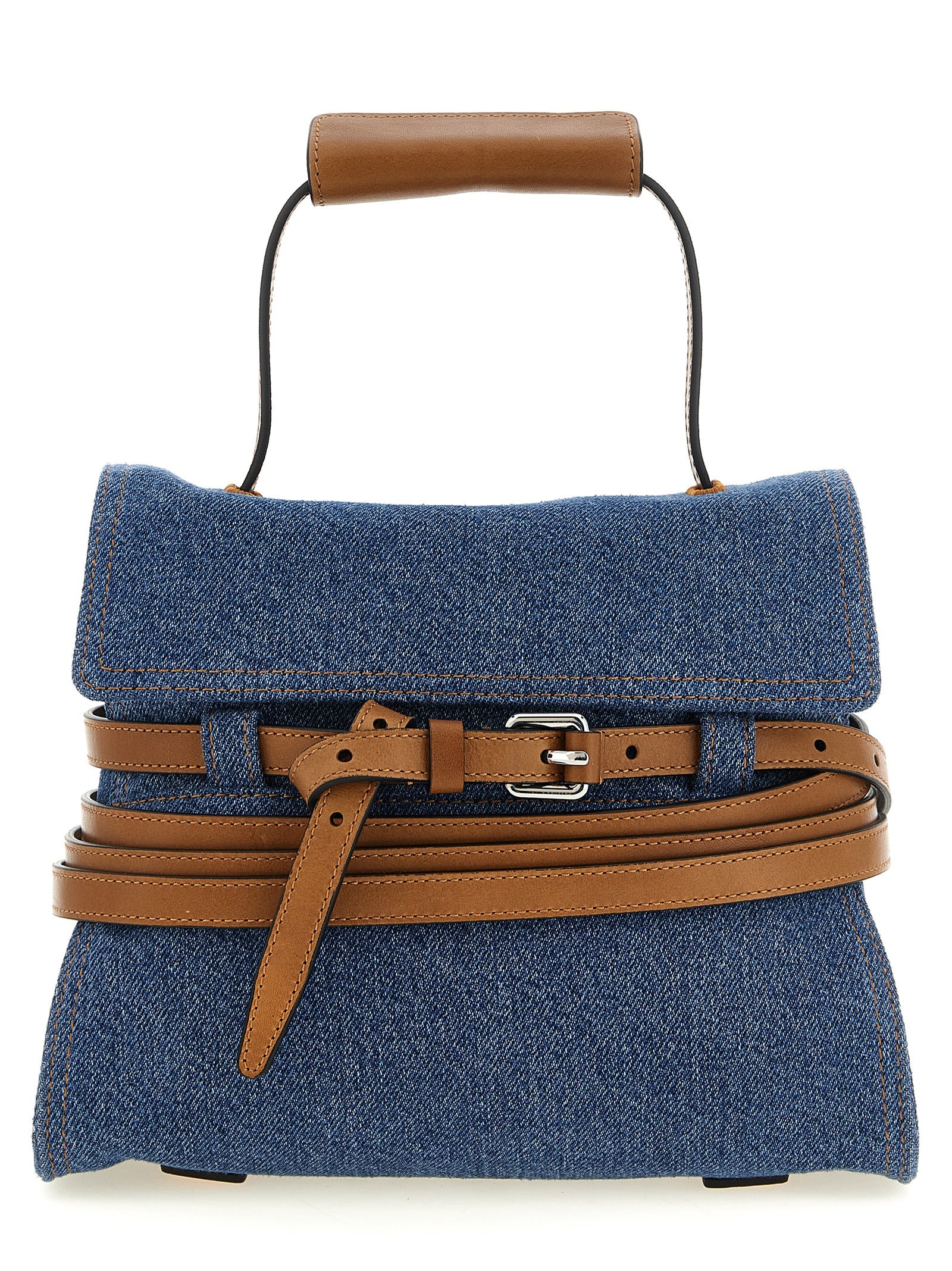 Flap Handbag by Moschino for women in calf leather & cotton blue & silver features a refined silhouette, showcasing a secure flap, zipper & buckle, organized , and versatile shoulder-strap, handle, adjustable-strap, detachable-strap & belt-strap for a refined finish.