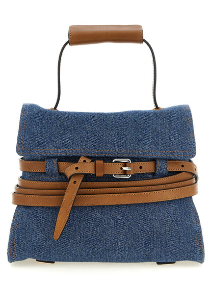 Flap Handbag by Moschino for women in calf leather & cotton blue & silver features a refined silhouette, showcasing a secure flap, zipper & buckle, organized , and versatile shoulder-strap, handle, adjustable-strap, detachable-strap & belt-strap for a refined finish.
