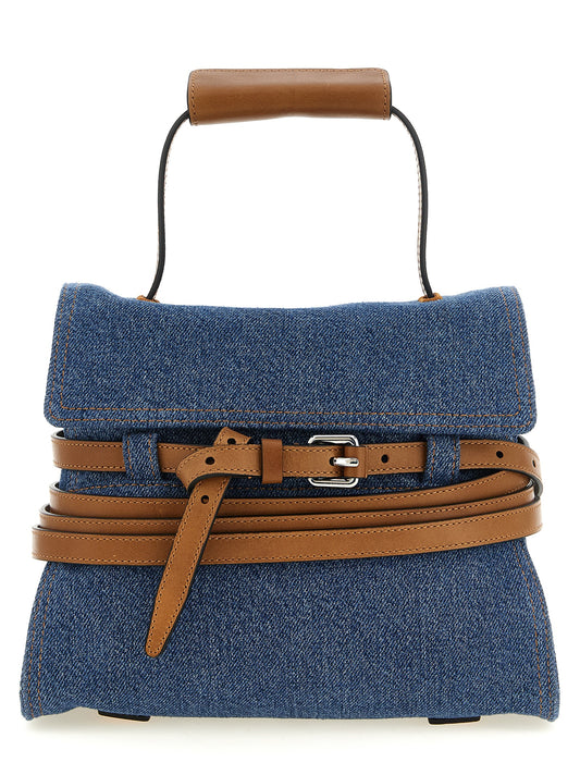 Flap Handbag by Moschino for women in calf leather & cotton blue & silver features a refined silhouette, showcasing a secure flap, zipper & buckle, organized , and versatile shoulder-strap, handle, adjustable-strap, detachable-strap & belt-strap for a refined finish.
