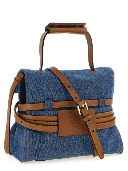 This Flap Handbag by Moschino for women in calf leather & cotton and blue & silver presents a sculptural silhouette featuring a secure flap, zipper & buckle, ample , and versatile shoulder-strap, handle, adjustable-strap, detachable-strap & belt-strap for a sculptural finish.