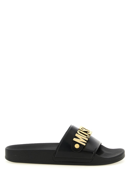 Sliders Sandals Flat Shoes by Moschino for men in pvc gold features an statuesque silhouette from the Men's PVC Sliders Sandals Flat Shoes collection, showcasing a and a statuesque for a statuesque look.