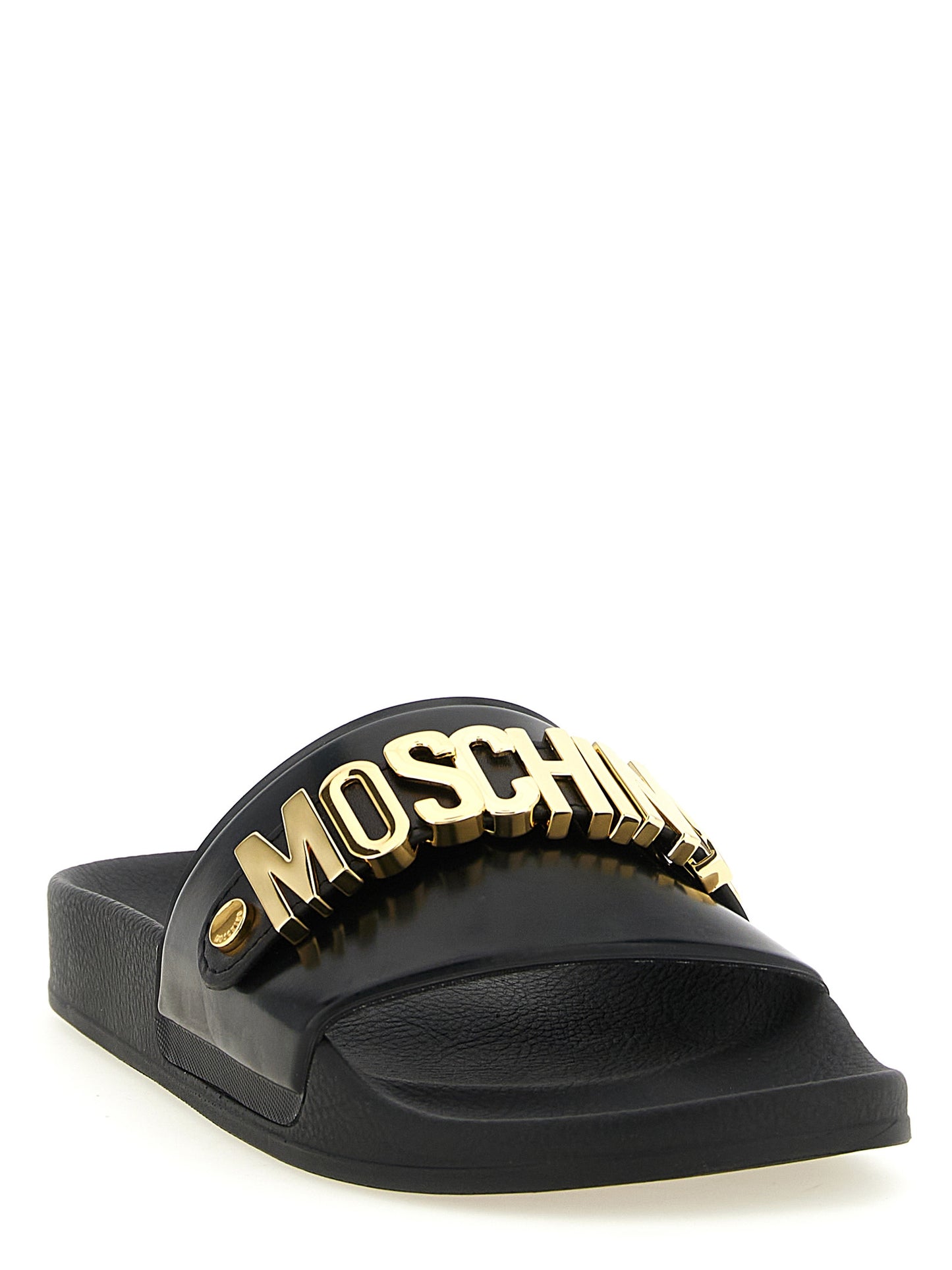 Sliders Sandals Flat Shoes by Moschino for men in pvc gold features an captivating silhouette, showcasing the captivating style of the Men's PVC Sliders Sandals Flat Shoes with its distinct and refined .