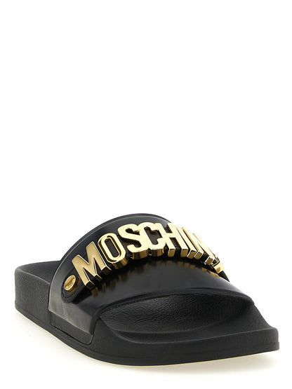 Sliders Sandals Flat Shoes by Moschino for men in pvc gold features an captivating silhouette, showcasing the captivating style of the Men's PVC Sliders Sandals Flat Shoes with its distinct and refined .