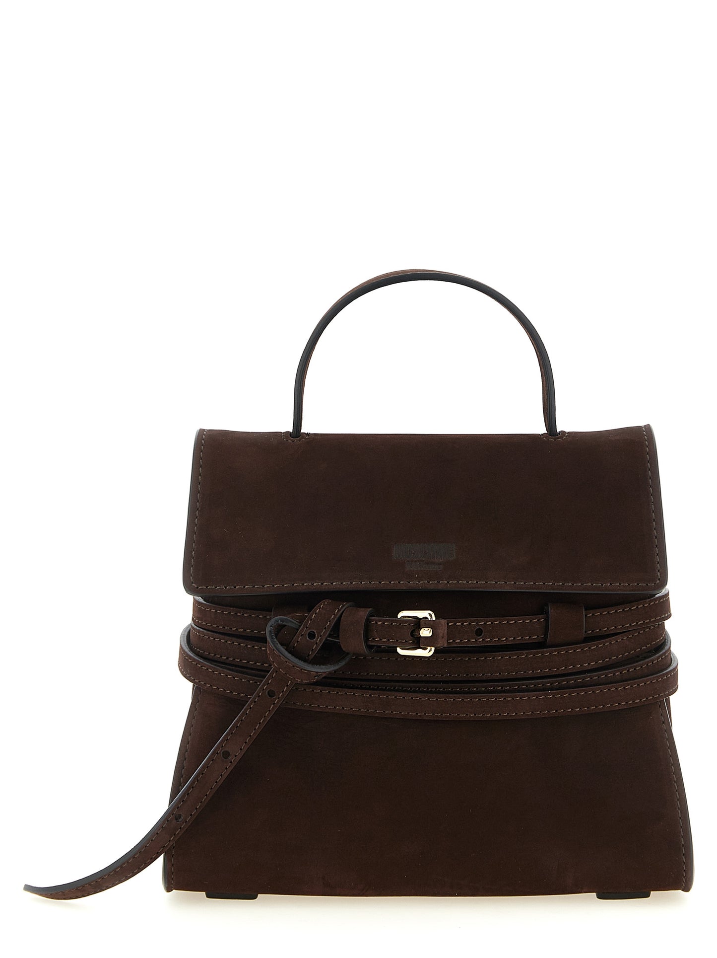 Small Flap Handbag by Moschino for women in calfskin suede leather brown, gold & patterned features a refined silhouette, showcasing a secure flap & buckle, organized , and versatile shoulder-strap, handle, adjustable-strap, detachable-strap & belt-strap for a refined finish.