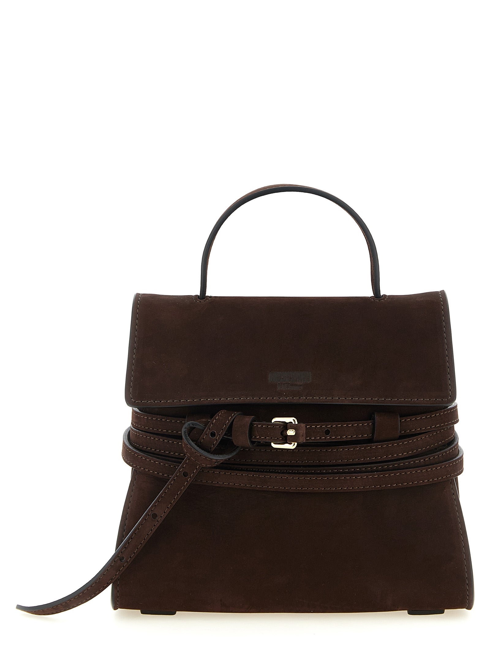 Small Flap Handbag by Moschino for women in calfskin suede leather brown, gold & patterned features a refined silhouette, showcasing a secure flap & buckle, organized , and versatile shoulder-strap, handle, adjustable-strap, detachable-strap & belt-strap for a refined finish.