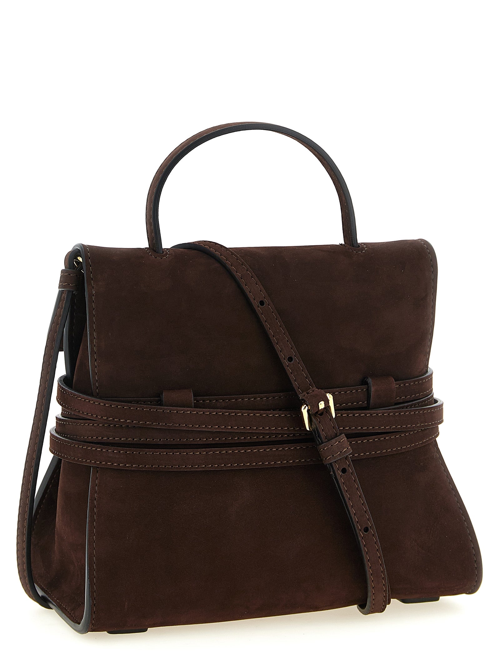 Small Flap Handbag by Moschino for women in calfskin suede leather brown, gold & patterned features a ornamental silhouette, showcasing a secure flap & buckle, ample , and ornamental shoulder-strap, handle, adjustable-strap, detachable-strap & belt-strap for a sophisticated look.