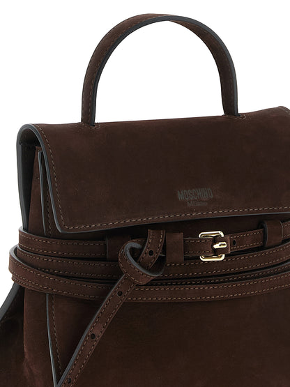 Small Flap Handbag by Moschino for women in calfskin suede leather brown, gold & patterned features a signature silhouette, showcasing a secure flap & buckle and signature with versatile shoulder-strap, handle, adjustable-strap, detachable-strap & belt-strap for a sophisticated look.