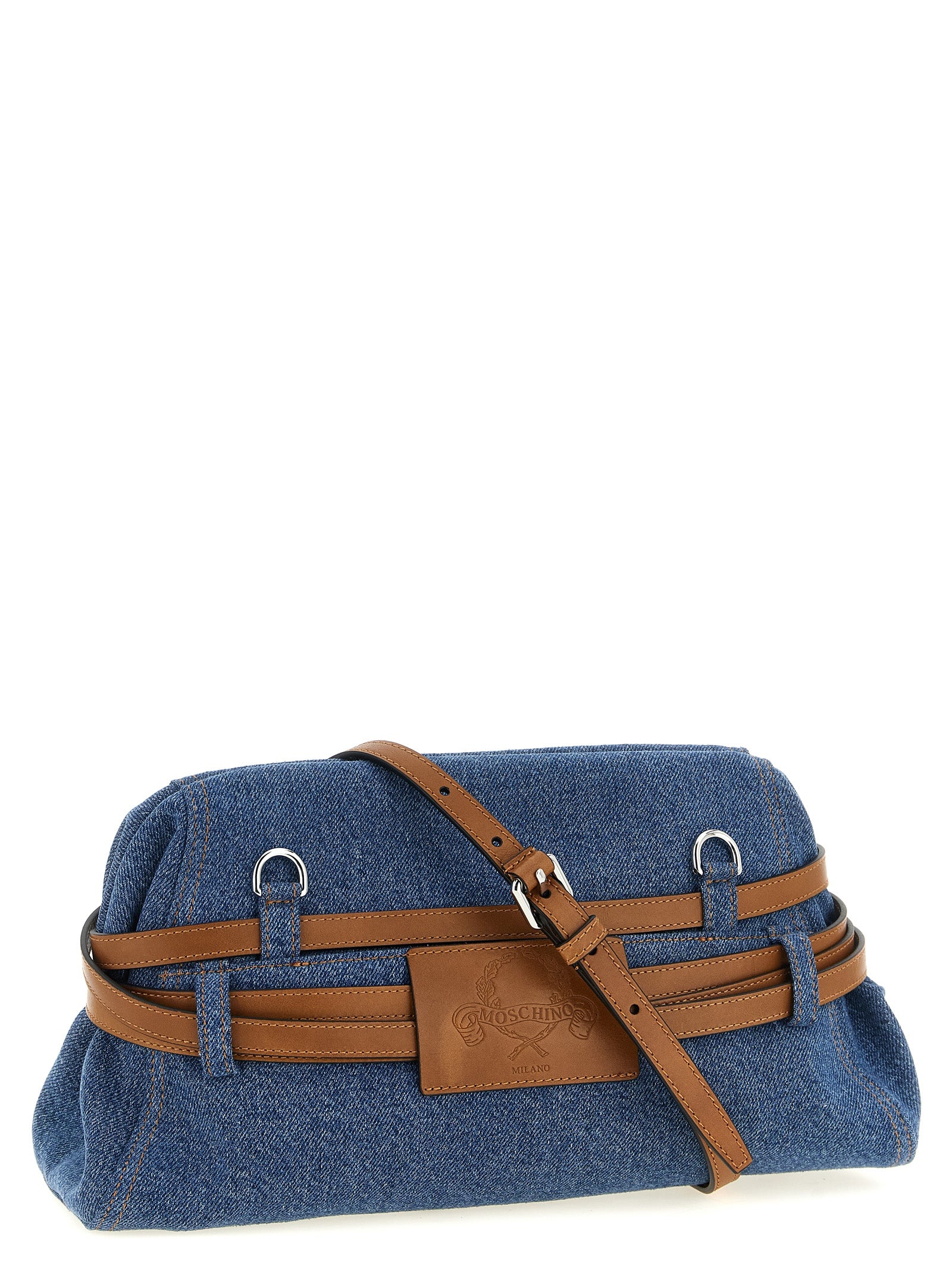 Large Clutch Handbag by Moschino for women in calf leather & cotton blue & silver showcases a sculptural silhouette, featuring a secure zipper, magnetic & buckle, ample internal-pockets, and versatile shoulder-strap, adjustable-strap, detachable-strap & belt-strap for a sculptural aesthetic.
