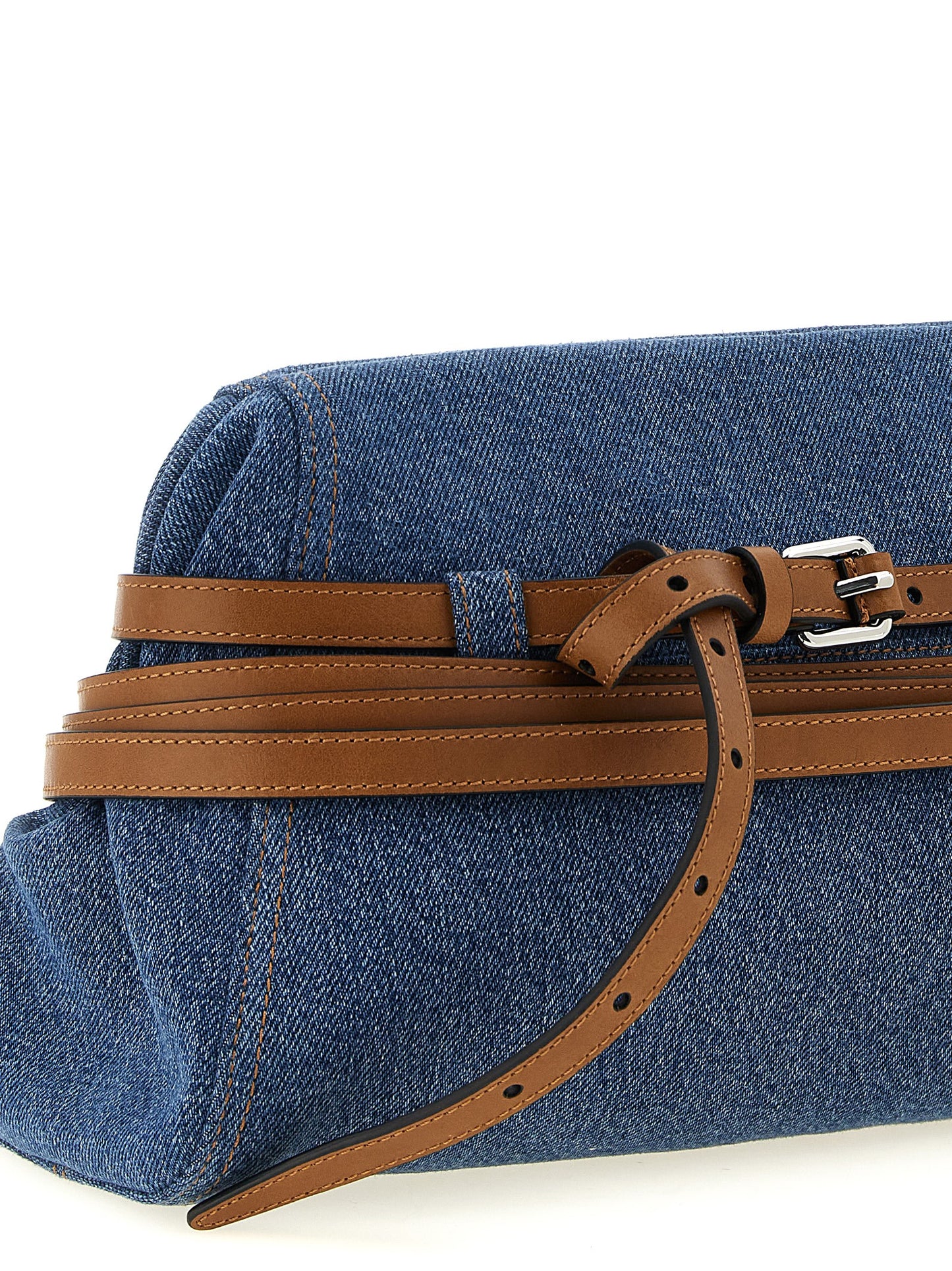 Large Clutch Handbag by Moschino for women in calf leather & cotton blue & silver features a sculptural silhouette with a secure zipper, magnetic & buckle, organized internal-pockets, and versatile shoulder-strap, adjustable-strap, detachable-strap & belt-strap for a sculptural finish.