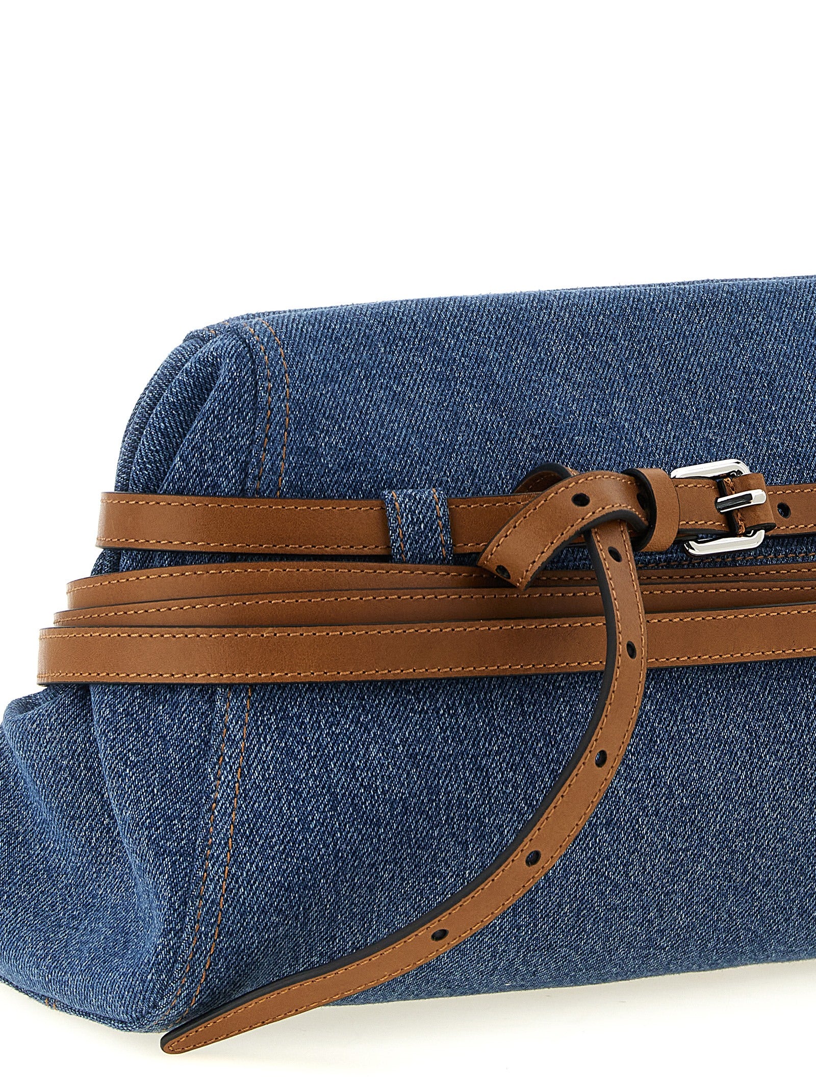 Large Clutch Handbag by Moschino for women in calf leather & cotton blue & silver features a sculptural silhouette with a secure zipper, magnetic & buckle, organized internal-pockets, and versatile shoulder-strap, adjustable-strap, detachable-strap & belt-strap for a sculptural finish.