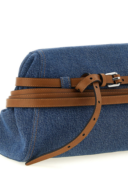 Large Clutch Handbag by Moschino for women in calf leather & cotton blue & silver features a sculptural silhouette with a secure zipper, magnetic & buckle, organized internal-pockets, and versatile shoulder-strap, adjustable-strap, detachable-strap & belt-strap for a sculptural finish.