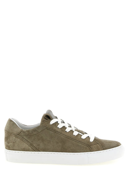 Sneakers by Brunello Cucinelli for women in suede calfskin leather gray, khaki & signature presents a sumptuous silhouette, artfully capturing the essence of the Monile Women's Low Top Suede Calfskin Leather Sneakers with its sumptuous low-top style design.