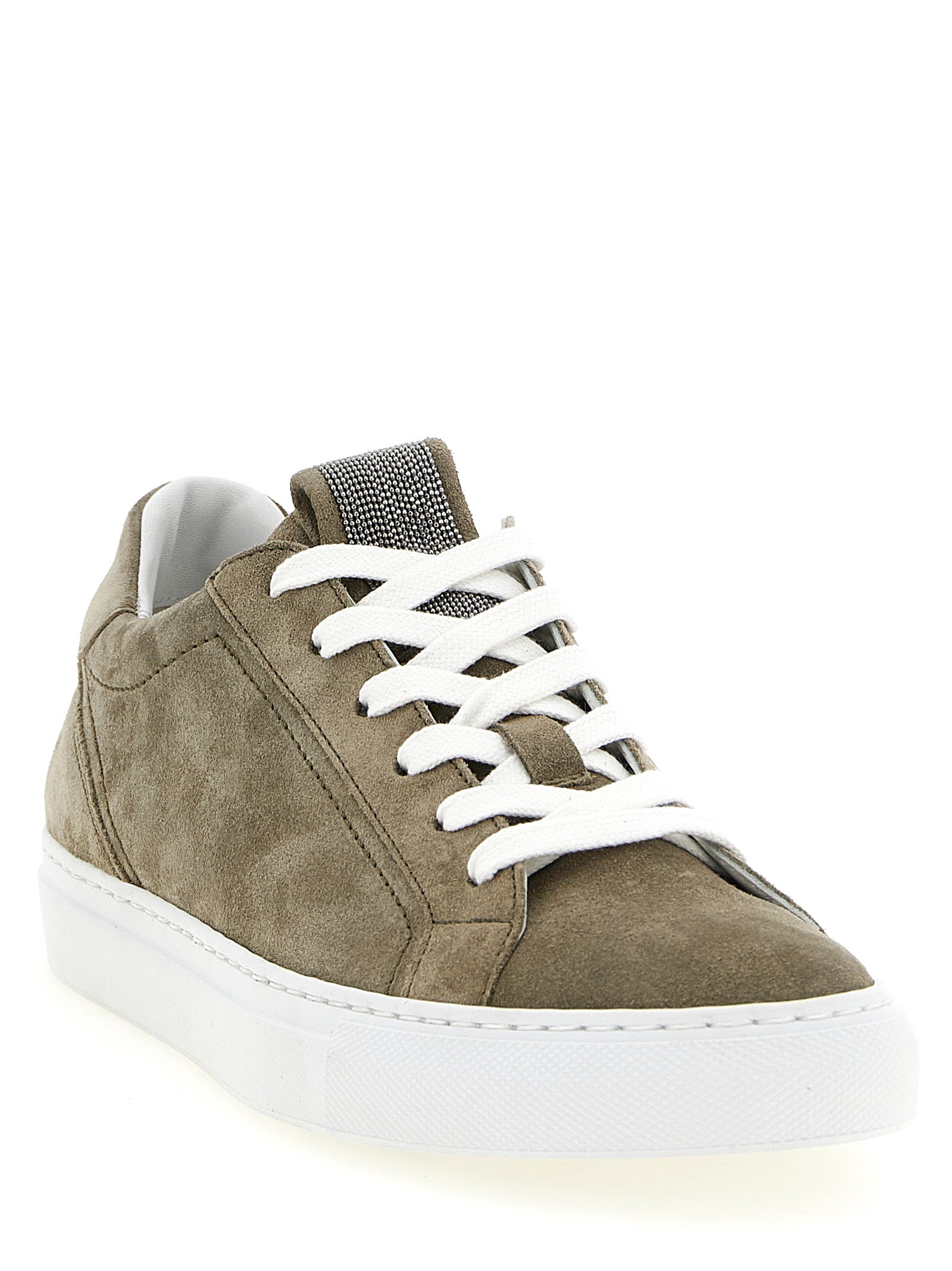 Sneakers by Brunello Cucinelli for women in suede calfskin leather gray, khaki & signature features a chic design, perfectly showcasing the chic low-top style of this Monile Women's Low Top Suede Calfskin Leather Sneakers.