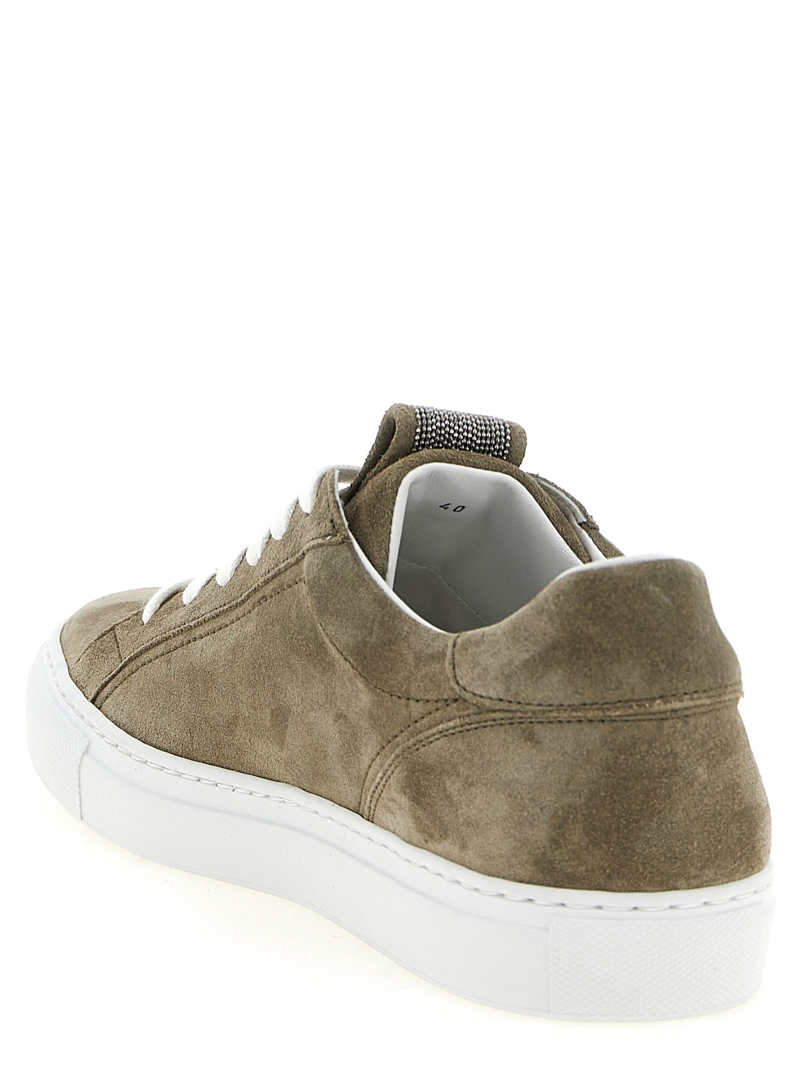 Sneakers by Brunello Cucinelli for women in suede calfskin leather gray, khaki & signature features an versatile design from the Monile Women's Low Top Suede Calfskin Leather Sneakers collection, highlighting a versatile low-top style for a premium, high-fashion look.