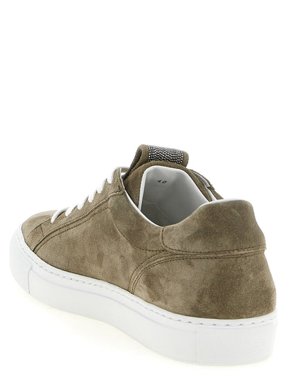 Sneakers by Brunello Cucinelli for women in suede calfskin leather gray, khaki & signature features an versatile design from the Monile Women's Low Top Suede Calfskin Leather Sneakers collection, highlighting a versatile low-top style for a premium, high-fashion look.