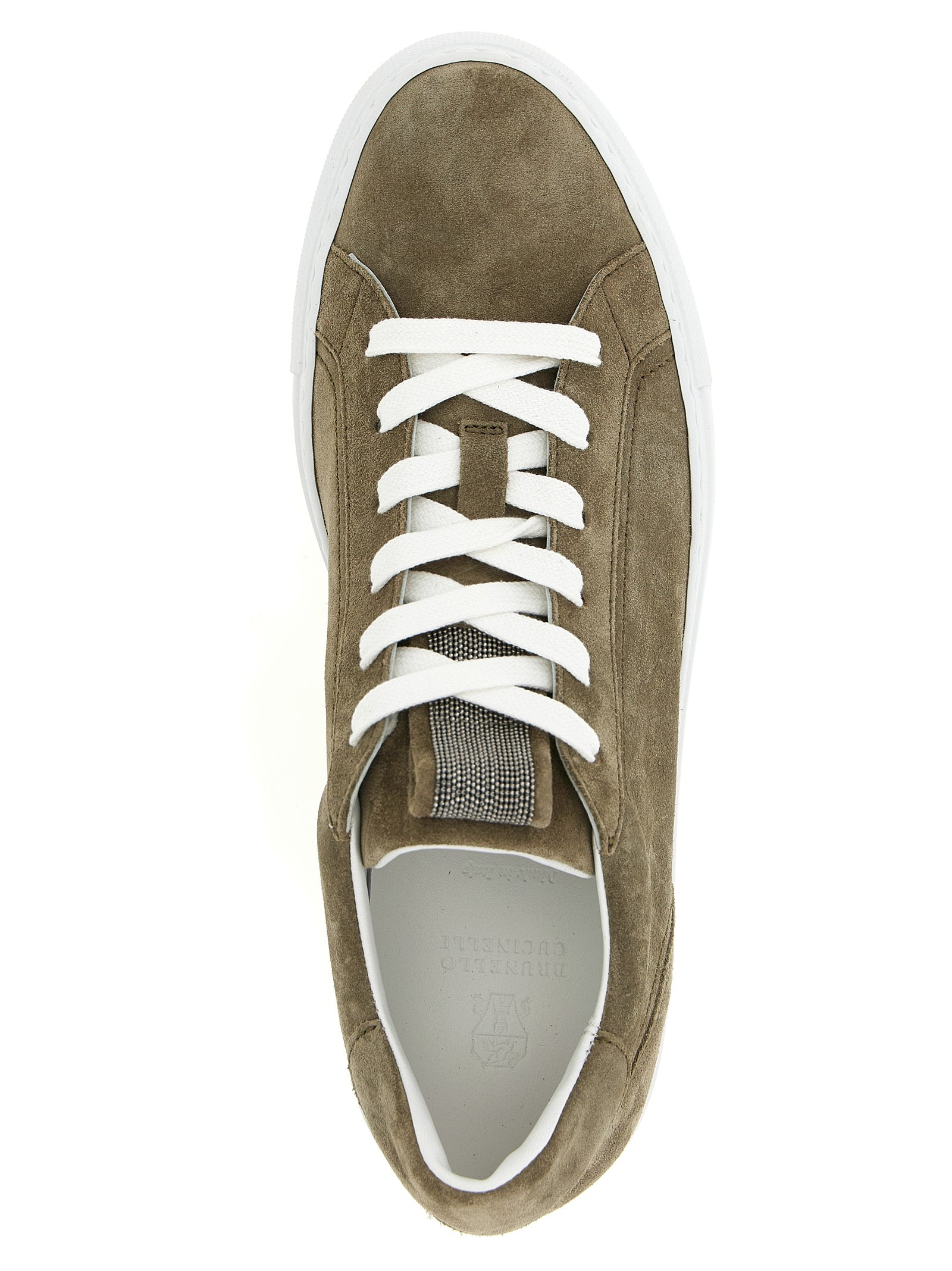 Sneakers by Brunello Cucinelli for women in suede calfskin leather gray, khaki & signature presents a on trend silhouette from the Monile Women's Low Top Suede Calfskin Leather Sneakers collection, showcasing a on trend low-top style for an elevated aesthetic.