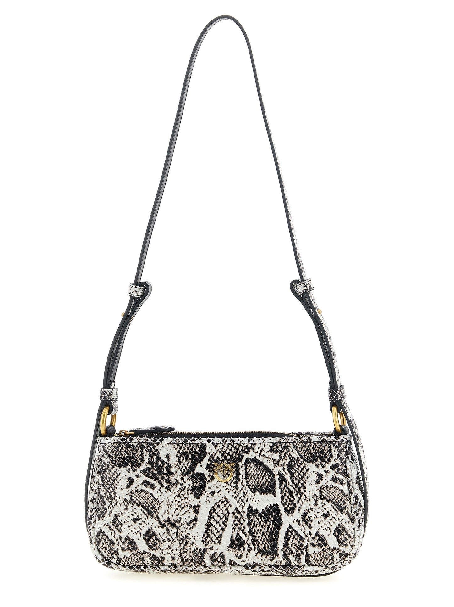Compact 2-in-1 Shoulder & Crossbody Handbag by PINKO for women in calfskin leather gray, gold & print features a versatile chic silhouette, meticulously detailed with a secure zipper & magnetic, ample , and versatile crossbody-strap, shoulder-strap & handle.