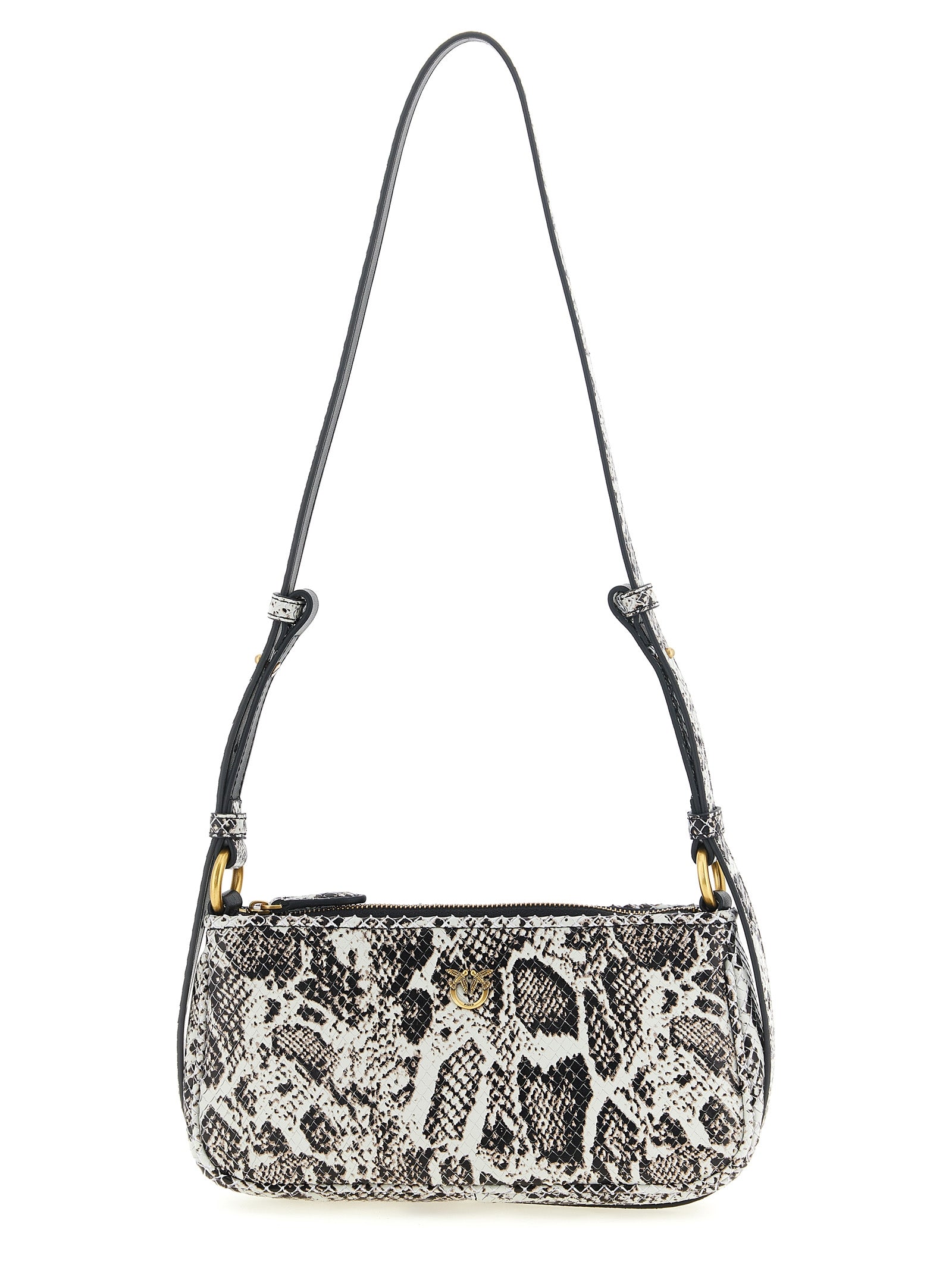 Compact 2-in-1 Shoulder & Crossbody Handbag by PINKO for women in calfskin leather gray, gold & print features a versatile chic silhouette, meticulously detailed with a secure zipper & magnetic, ample , and versatile crossbody-strap, shoulder-strap & handle.