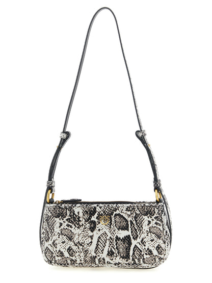 Compact 2-in-1 Shoulder & Crossbody Handbag by PINKO for women in calfskin leather gray, gold & print features a versatile chic silhouette, meticulously detailed with a secure zipper & magnetic, ample , and versatile crossbody-strap, shoulder-strap & handle.