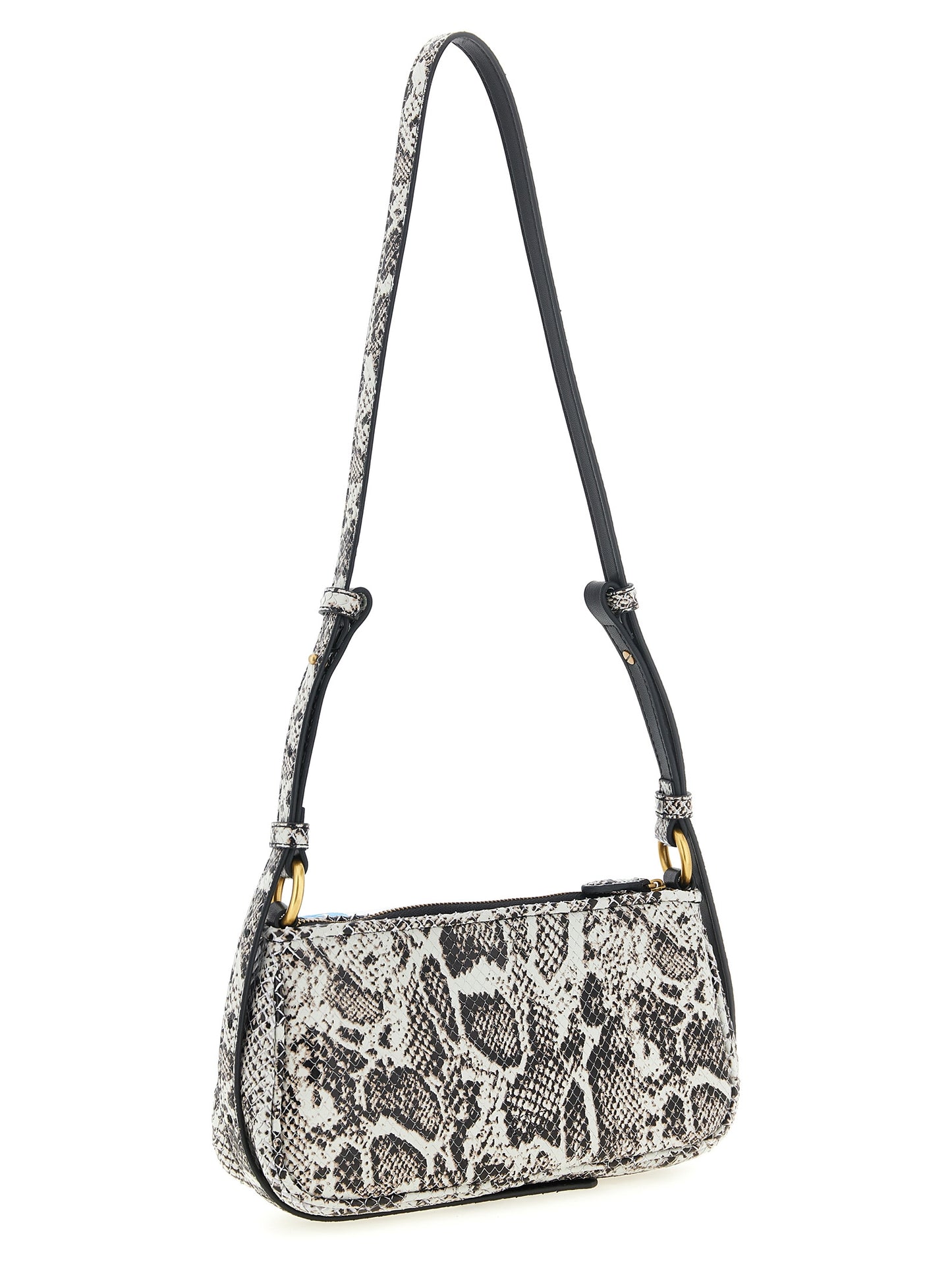 Compact 2-in-1 Shoulder & Crossbody Handbag by PINKO for women in calfskin leather gray, gold & print features a multifaceted silhouette, showcasing a secure zipper & magnetic and multifaceted with versatile crossbody-strap, shoulder-strap & handle for multifaceted style.