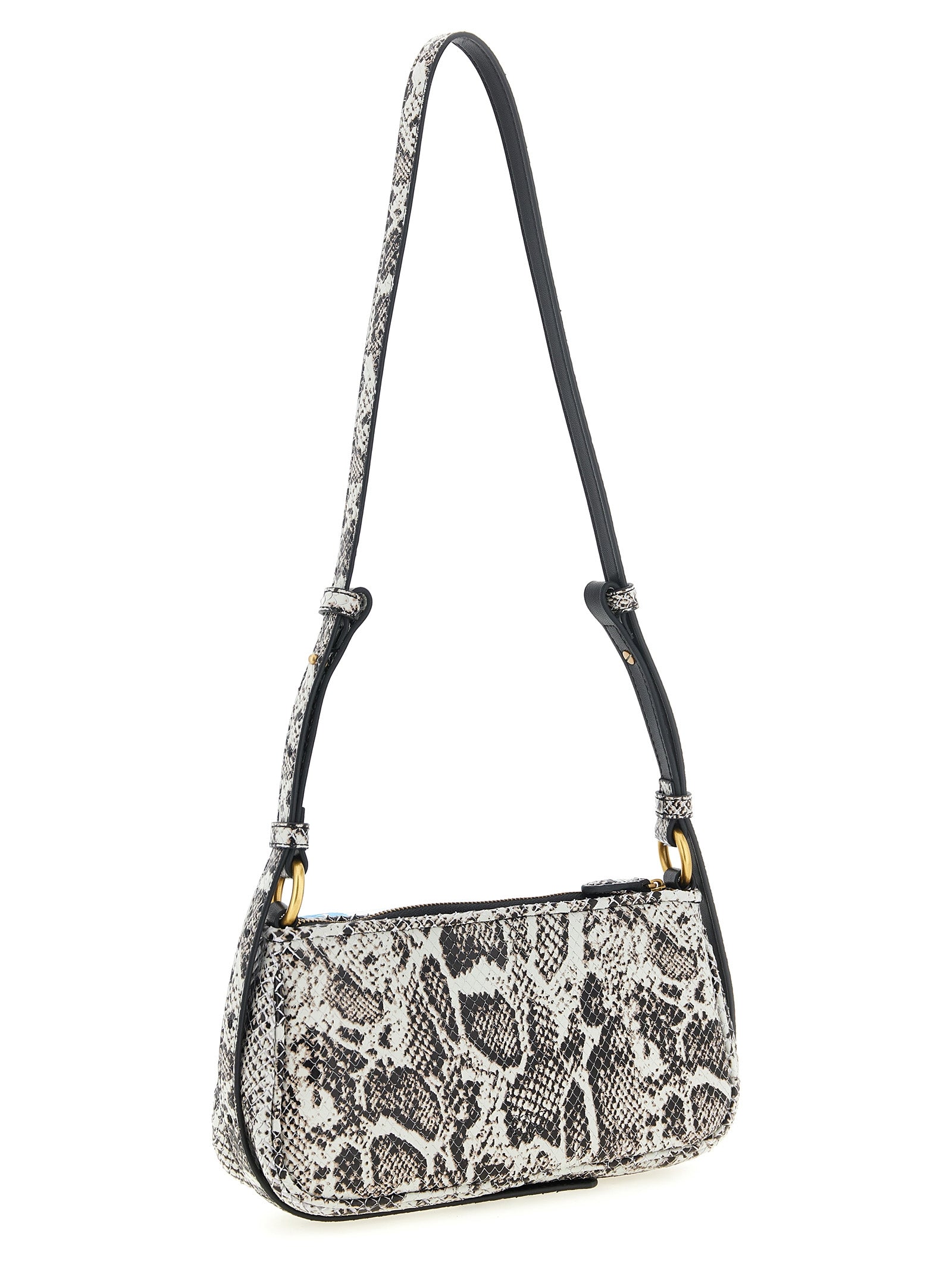 Compact 2-in-1 Shoulder & Crossbody Handbag by PINKO for women in calfskin leather gray, gold & print features a multifaceted silhouette, showcasing a secure zipper & magnetic and multifaceted with versatile crossbody-strap, shoulder-strap & handle for multifaceted style.